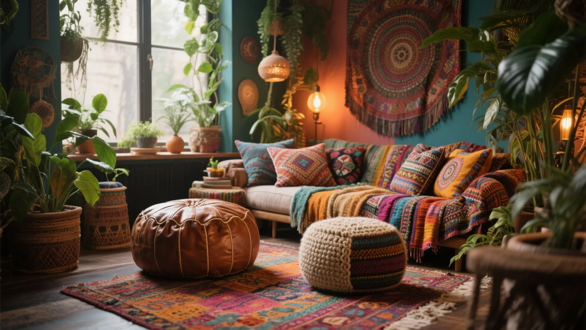 Bohemian living room with colorful rug patterned sofa leather footrest many green plants and wall art