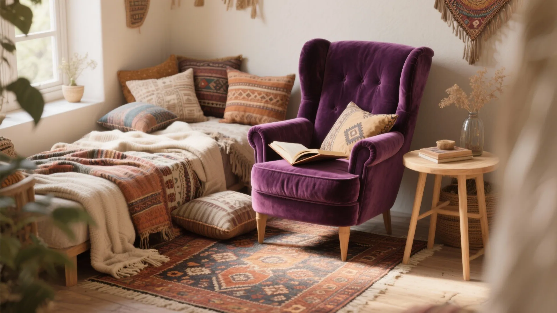 Bohemian style corner with purple armchair patterned rug wooden side table and many decorative colorful pillows
