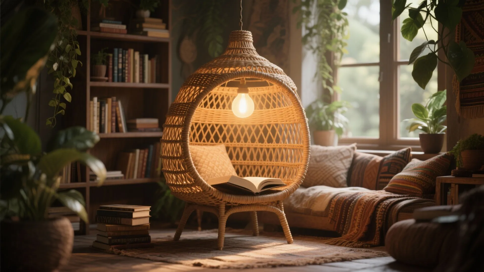 Cozy reading nook with woven egg floor light and open book on a textured rug