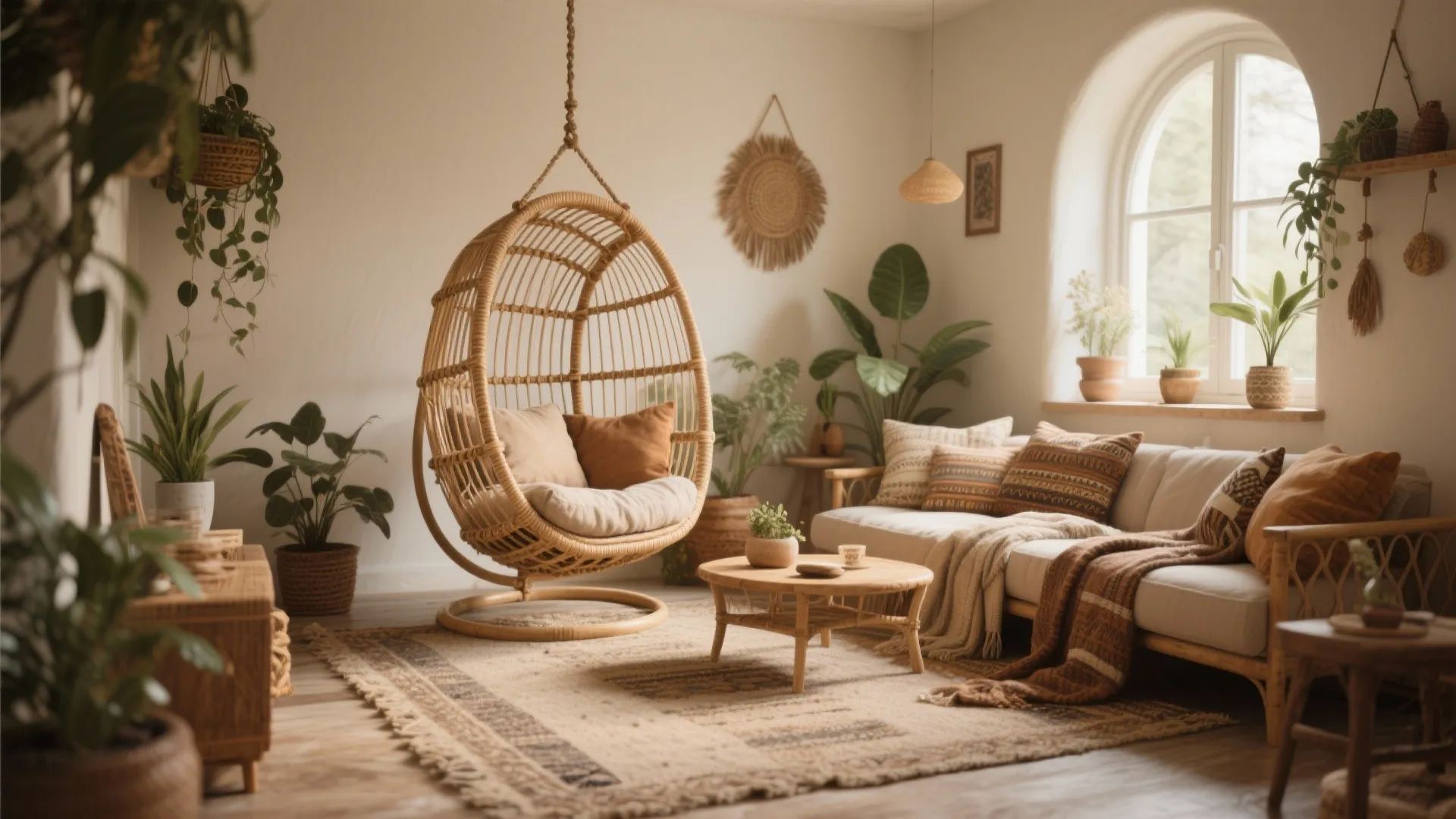 Bohemian living room with rattan swing chair, cream sofa, patterned rug, and many green plants
