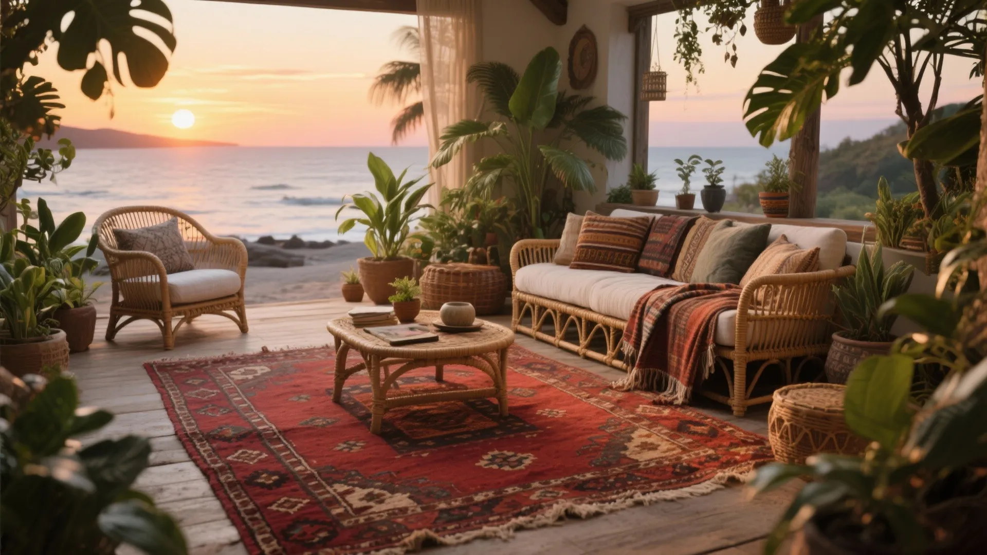Bohemian outdoor patio with wicker sofa red rug tropical plants and sunset ocean beach view
