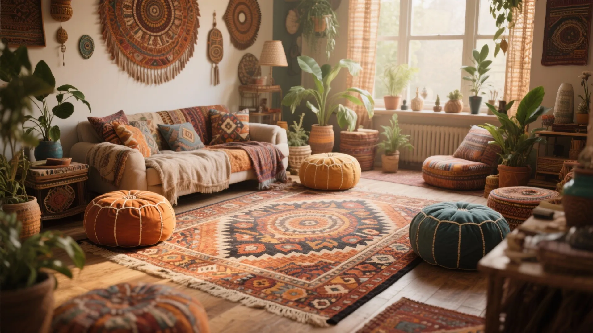 Bohemian living room with a large patterned rug, poufs, and plants