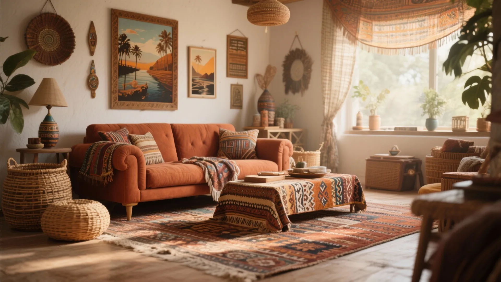 Rust sofa in bohemian styled living room with layered textures