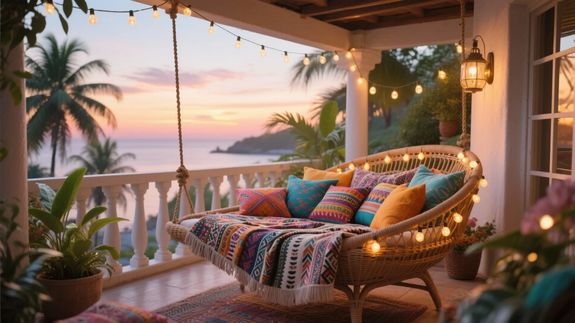 Bohemian balcony featuring hanging swing sofa colorful pillows string lights palm trees and ocean sunset