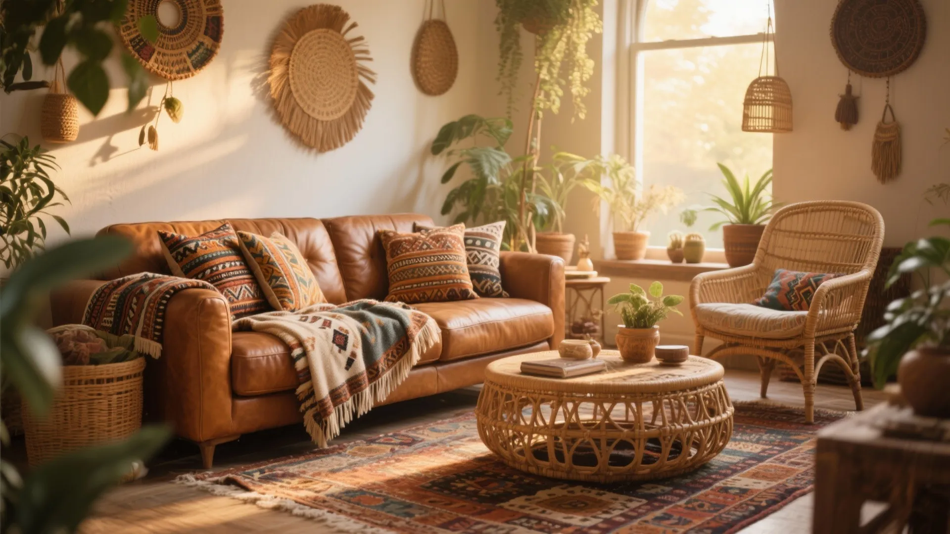 Bohemian living room with brown leather sofa, patterned cushions, round woven coffee table, and green plants
