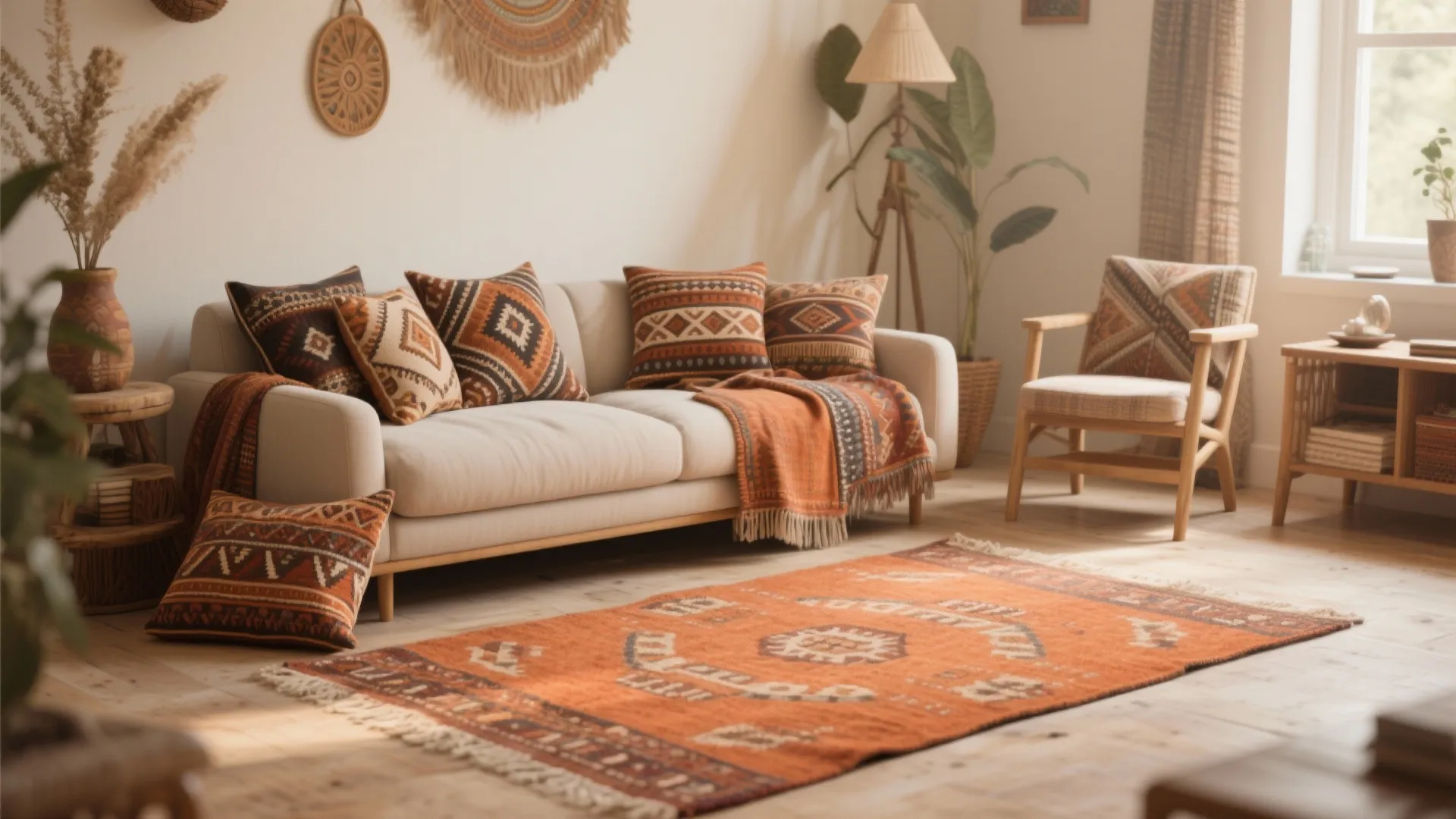 Bohemian living room with patterned orange rug white sofa patterned pillows wooden floor and lamp