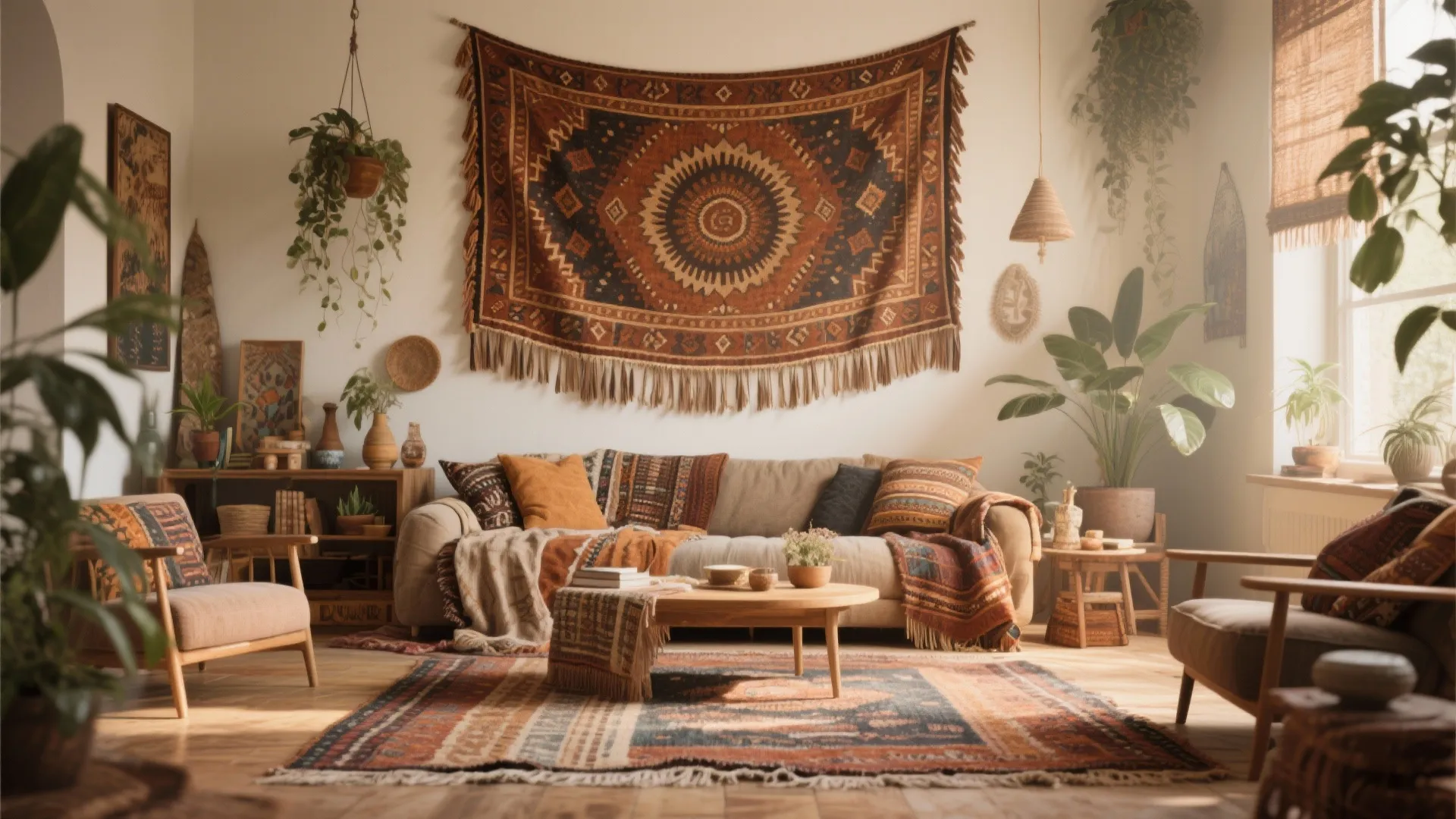 Bohemian living room with oversized fringed tapestry