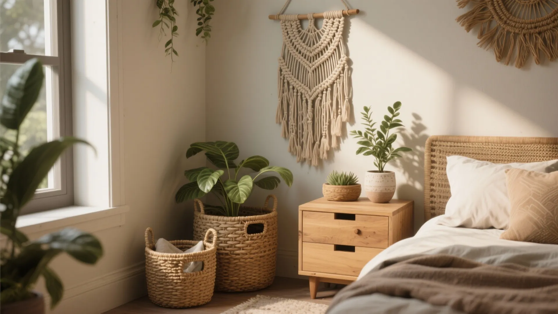 4. Boho accents: macrame, baskets, and greenery