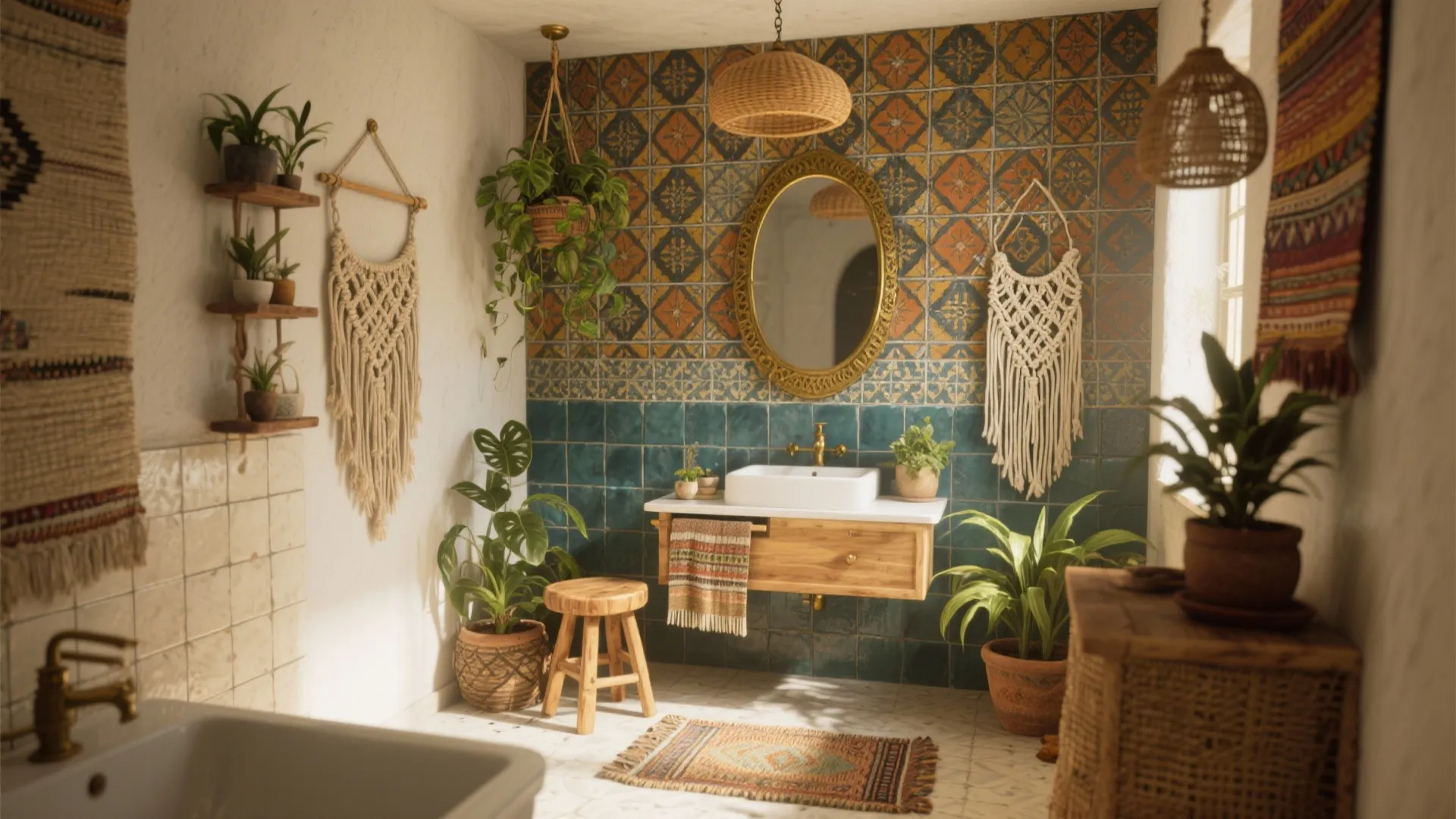 Bohemian bathroom with colorful wall tiles gold mirror wooden cabinet green plants and small round stool