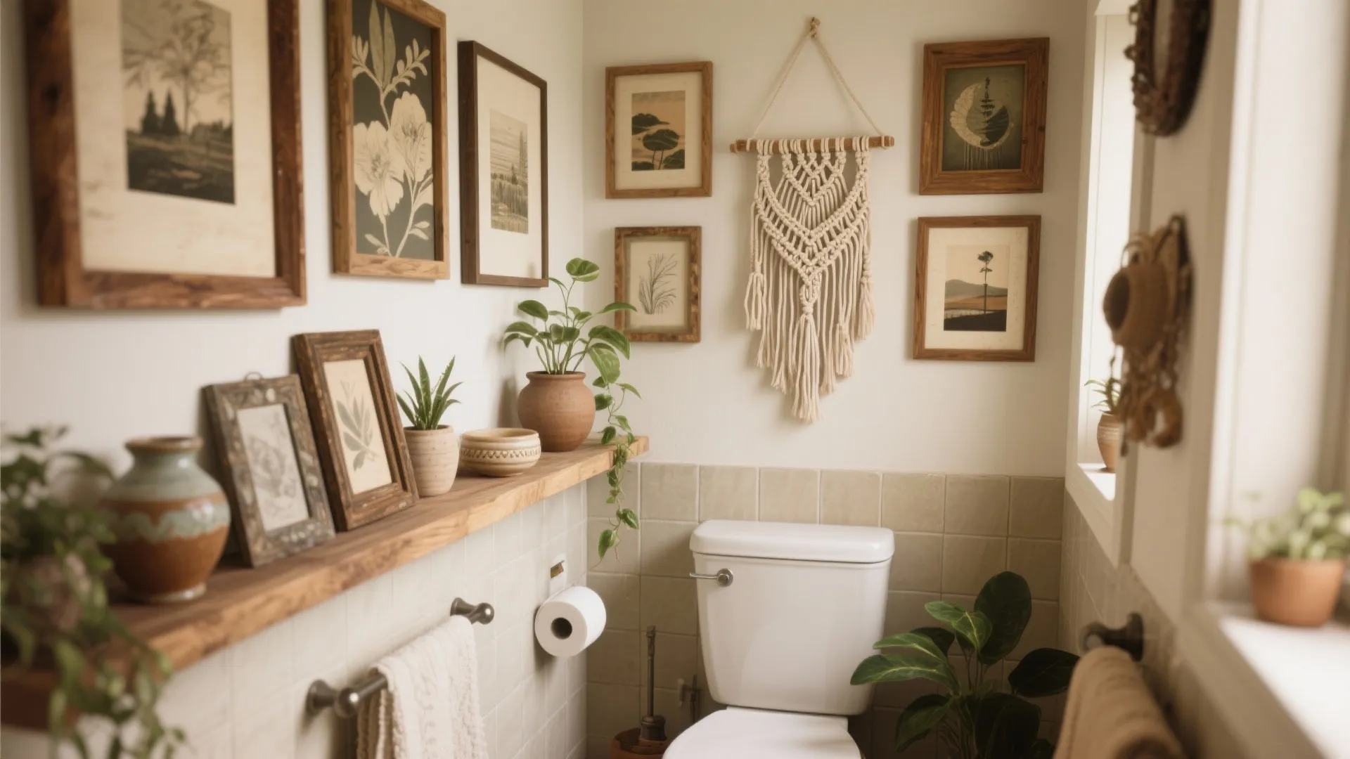 Boho style bathroom with wooden shelf green plants framed wall art macrame hanging and toilet