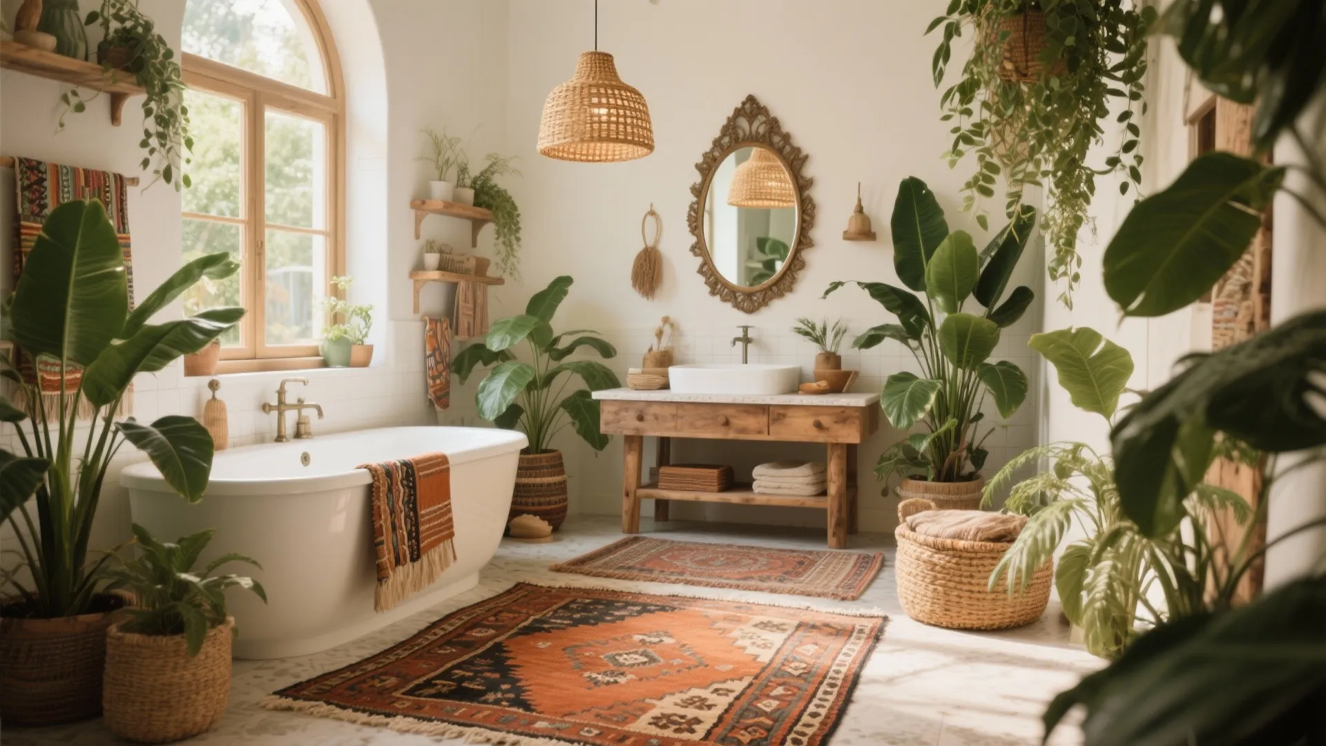 Natural bathroom design with wooden vanity white bathtub patterned floor rugs and many green plants