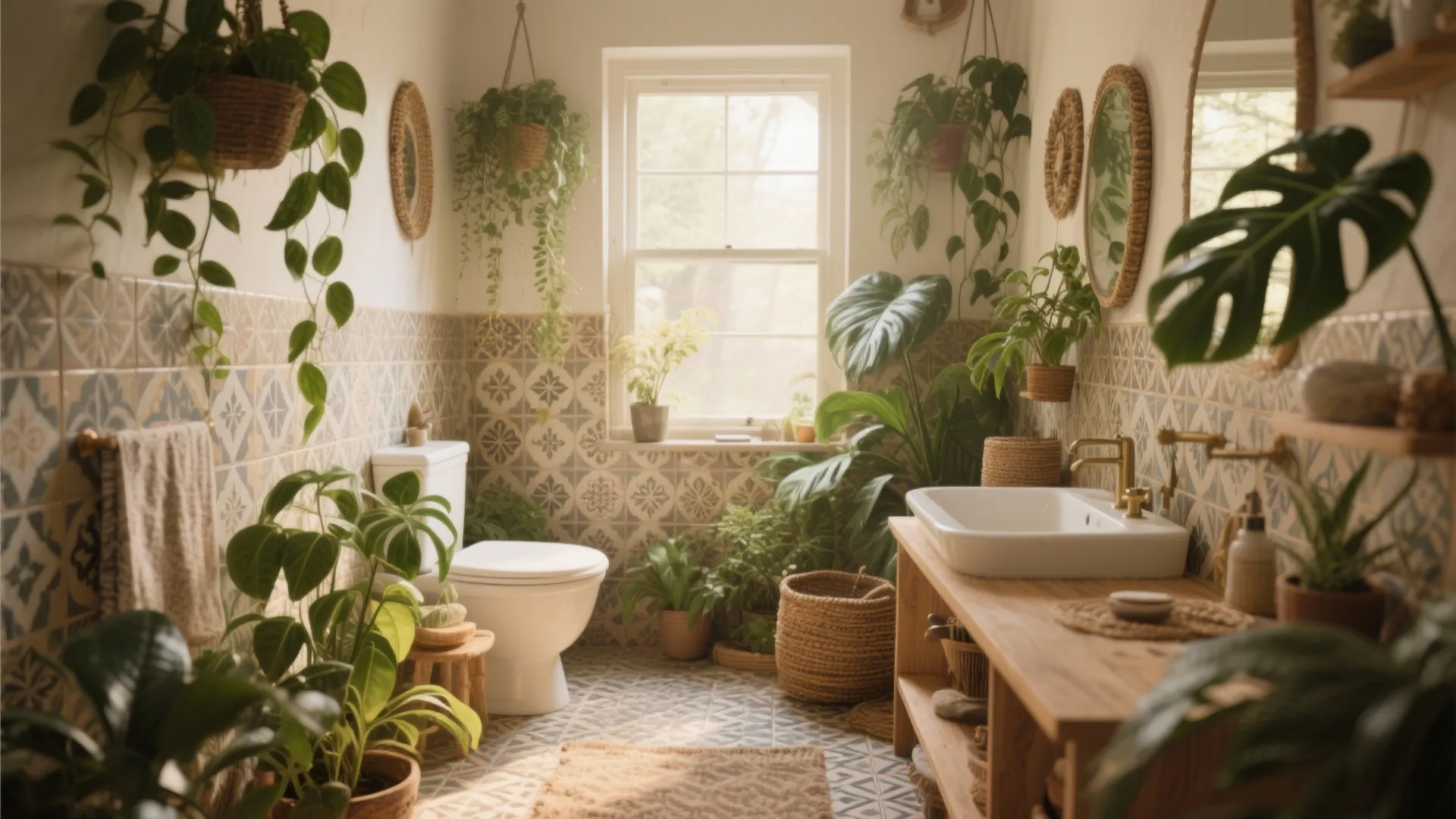 Bright bathroom with many green plants patterned wall tiles white toilet and wooden vanity unit