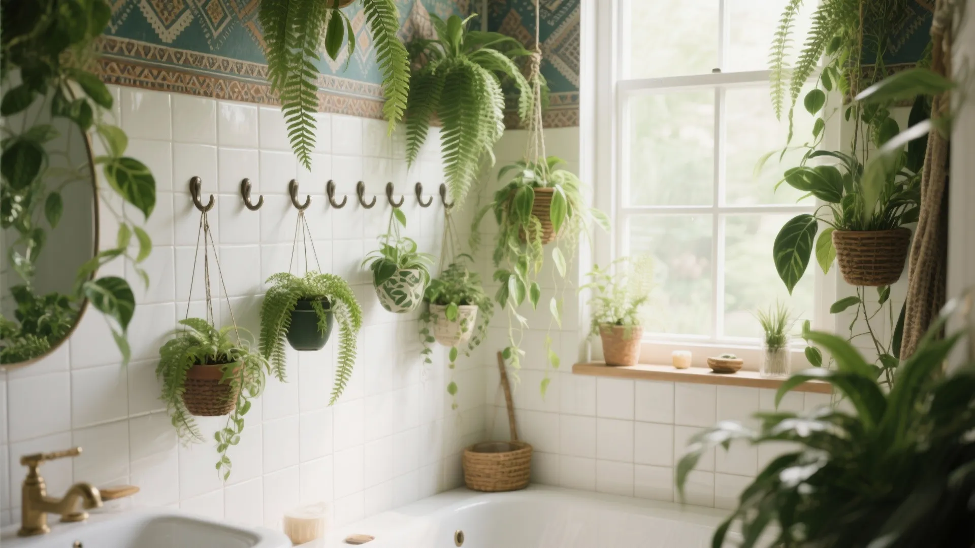 White tiled bathroom decorated with many hanging green plants near a window and white bathtub