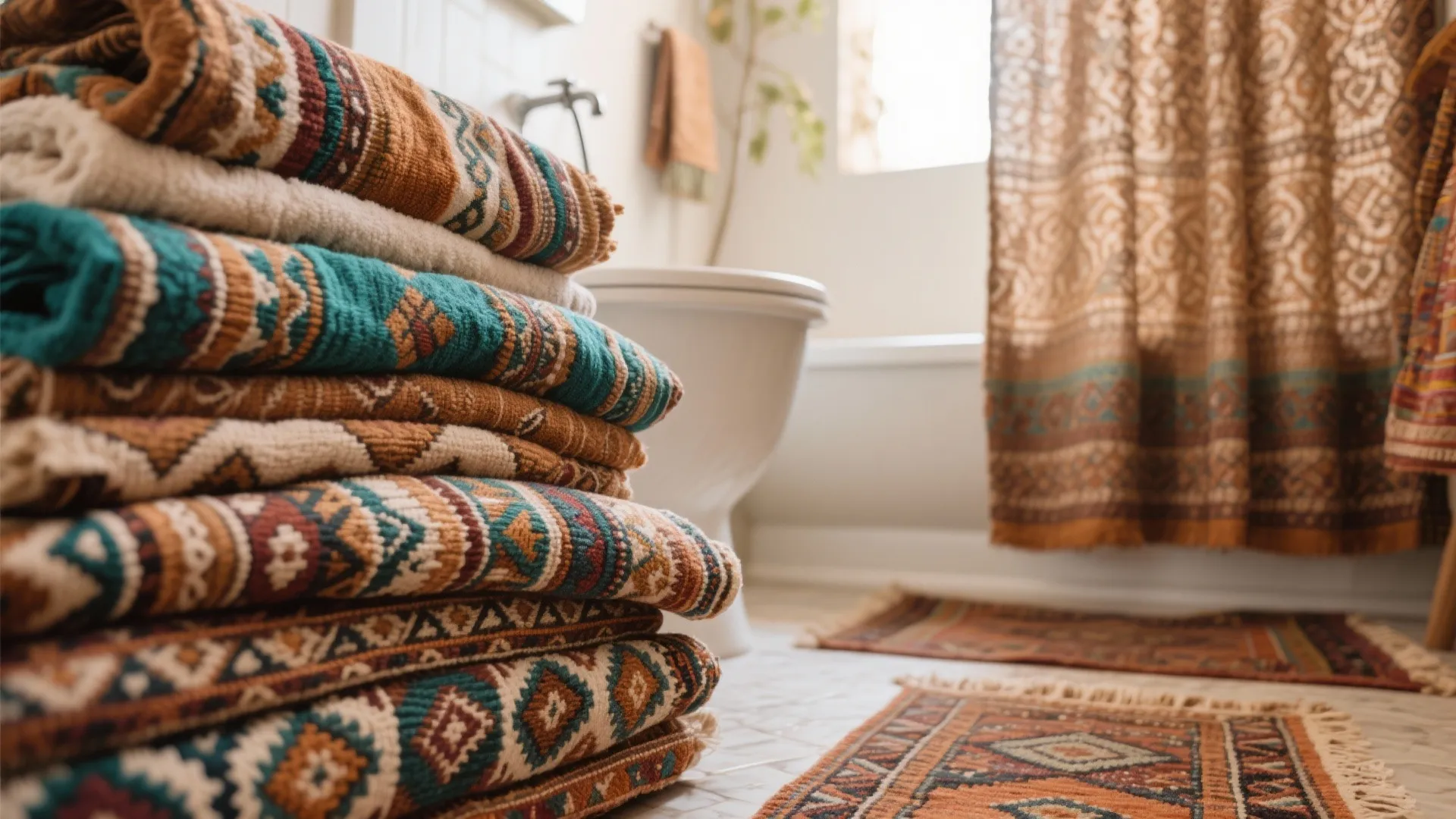 Stacked patterned bath towels in a bathroom featuring matching floor rugs and a brown curtain
