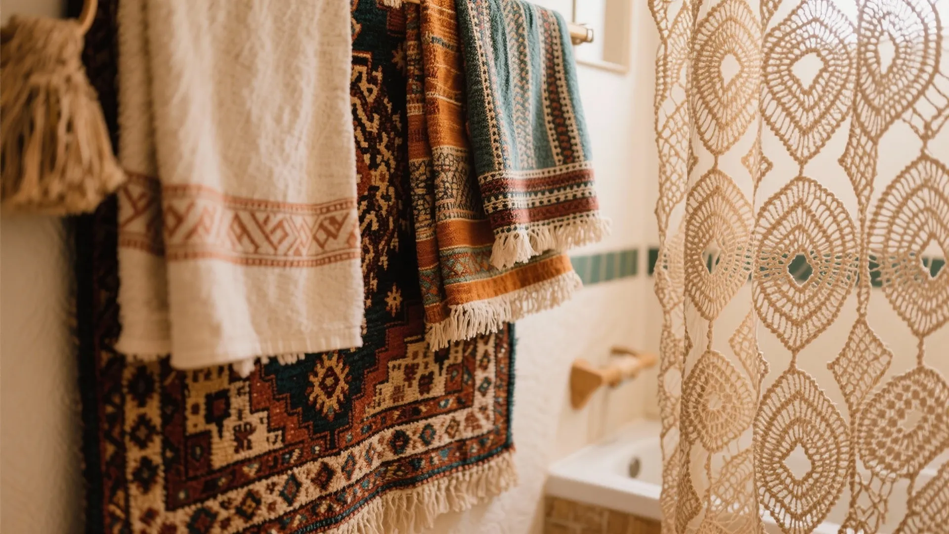 Bohemian style bathroom with patterned towels hanging on a rack next to a crochet curtain