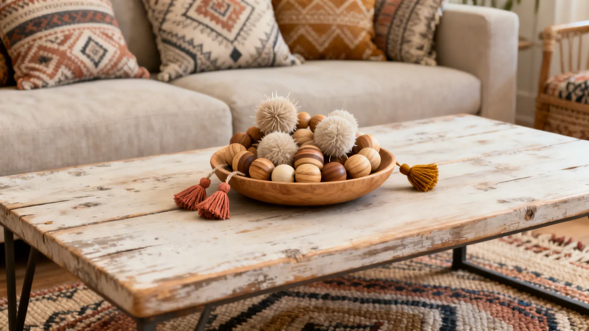 Wooden bowl with round wood beads and tassels on a rustic coffee table near grey sofa