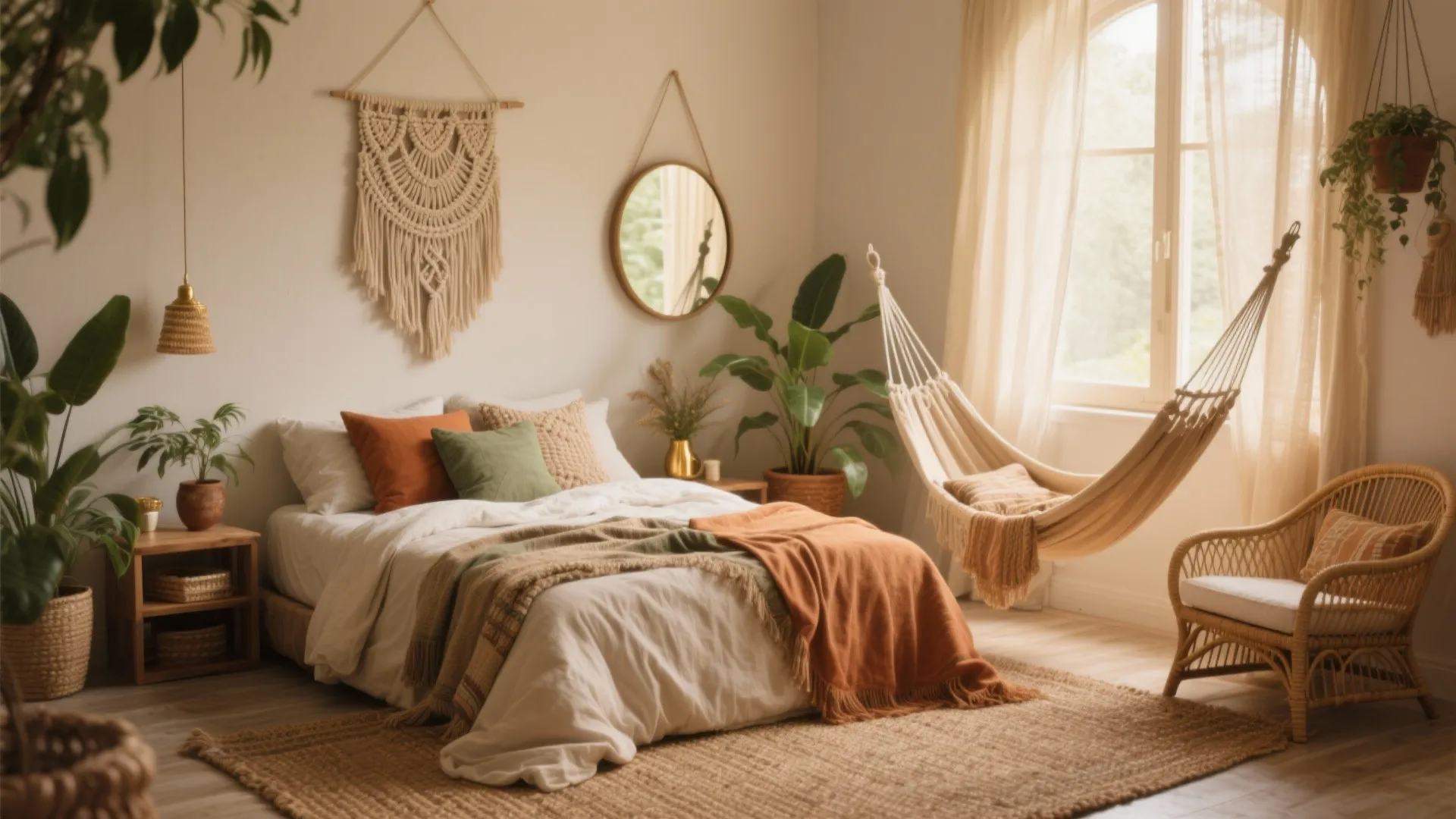 Boho style bedroom with indoor hammock, woven chair, macrame wall hanging, green plants, and wooden bed