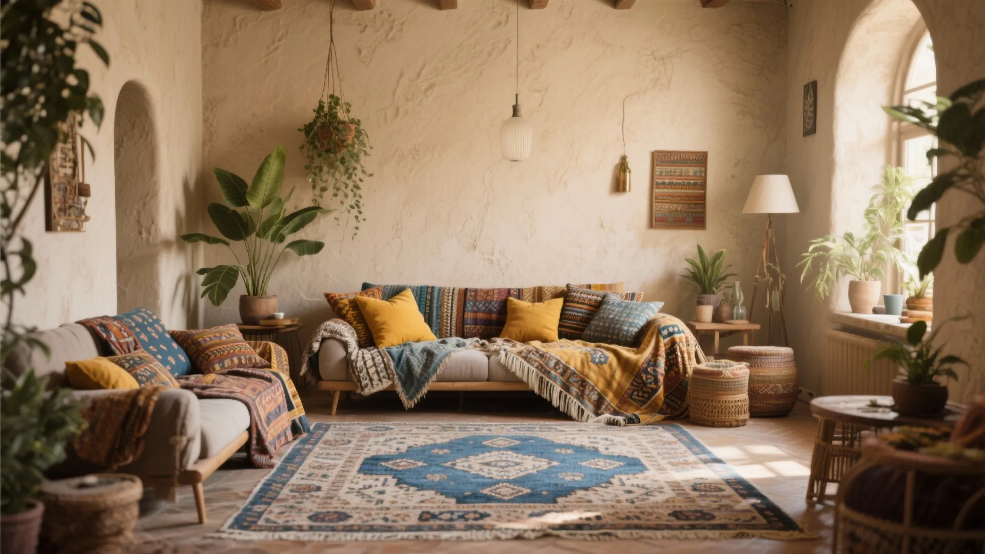 Bohemian living room with colorful patterned rug pillows sofa plants and warm light from the window