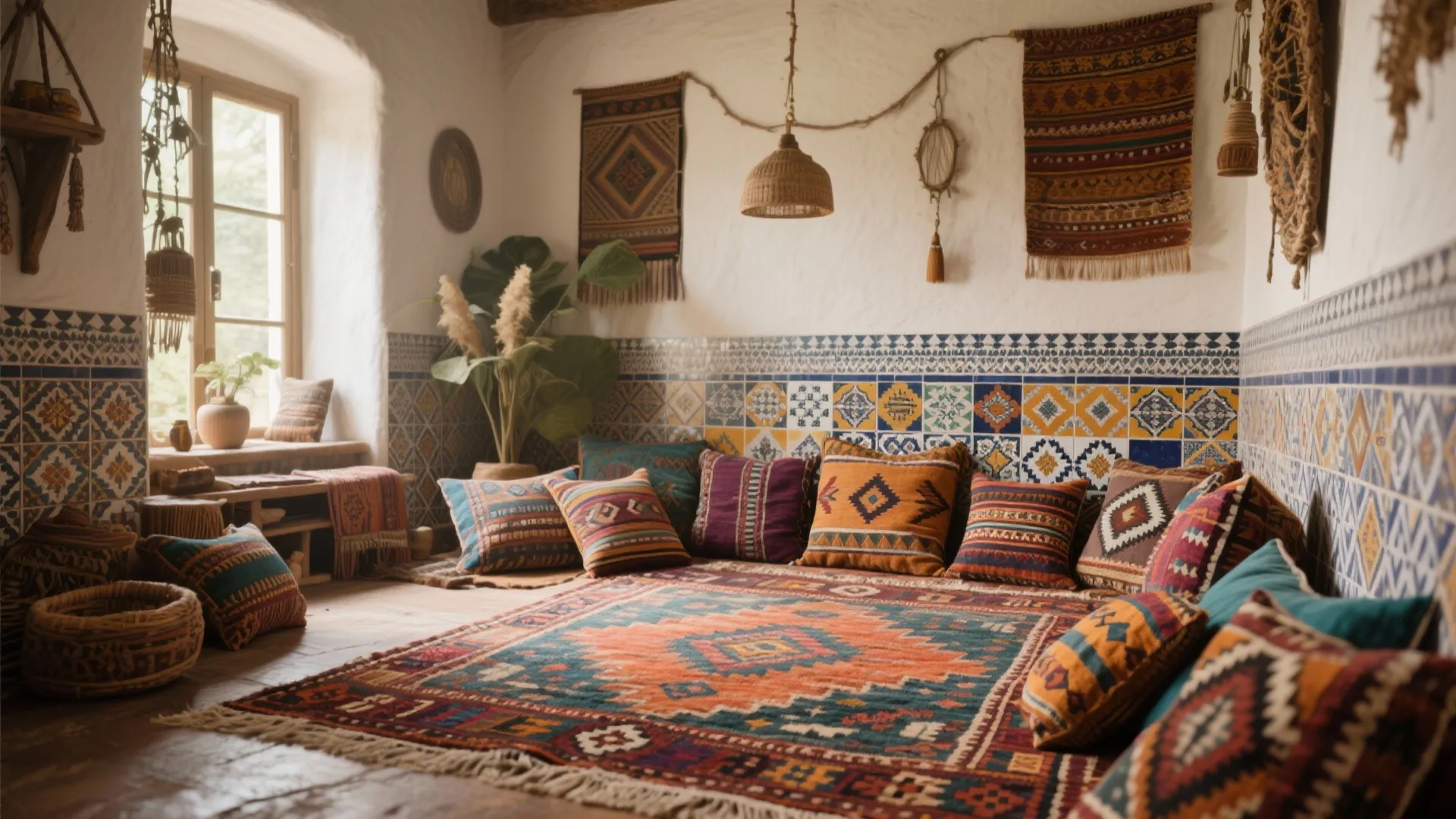 Colorful room with patterned floor rug many cushions and decorative wall panels for seating area