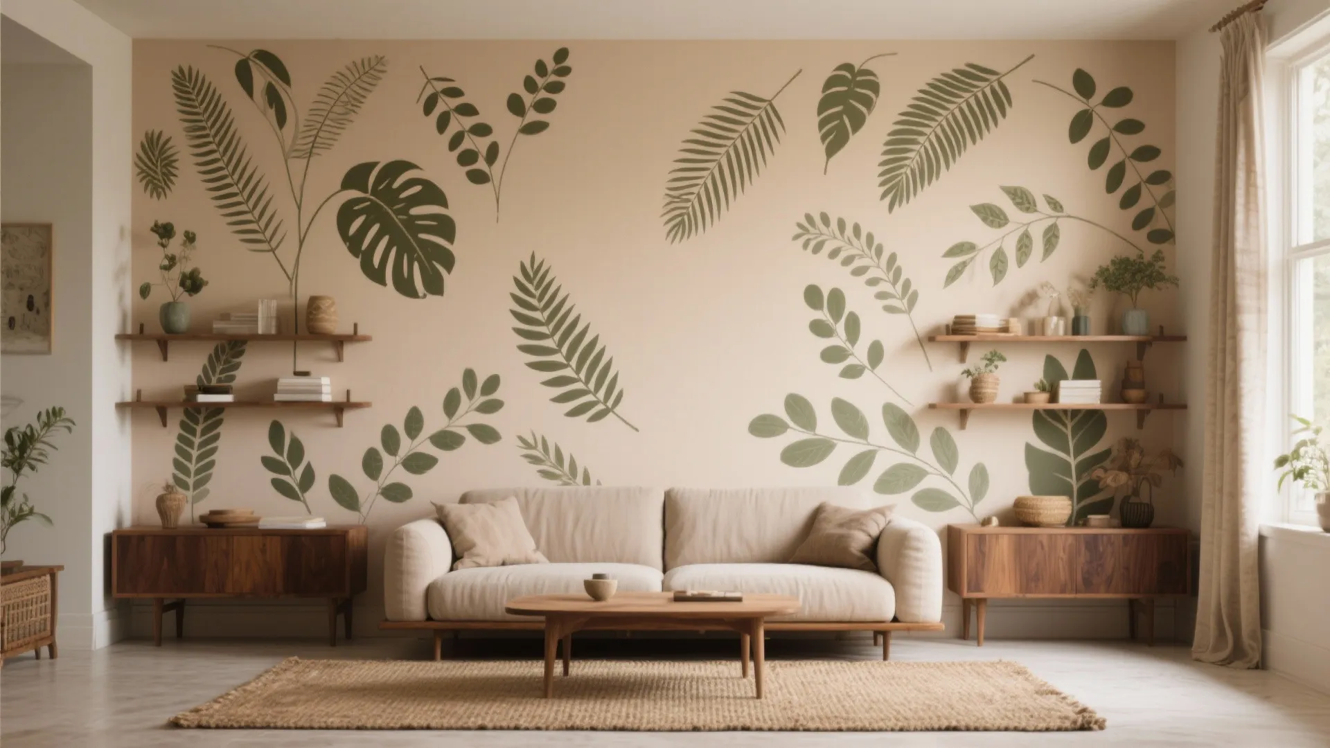 Boho Botanical Wall with Mixed Leaf Motifs