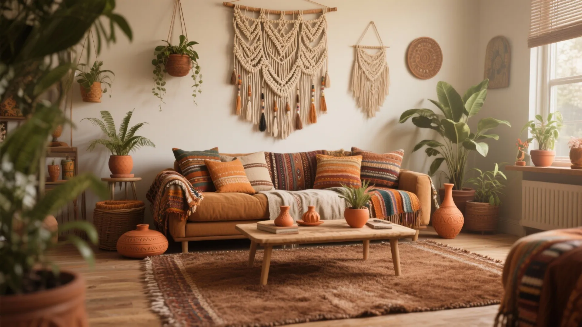 Bohemian style living room with brown carpet and plants