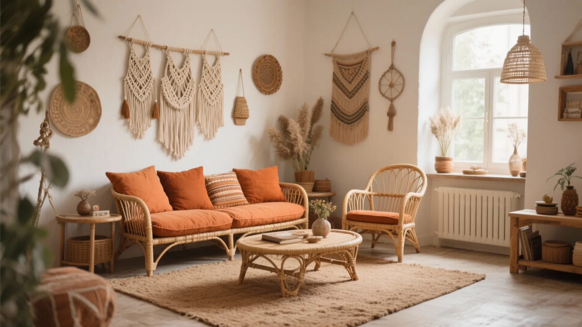 Bohemian living room with orange sofa rattan furniture brown rug and macrame wall hanging decor
