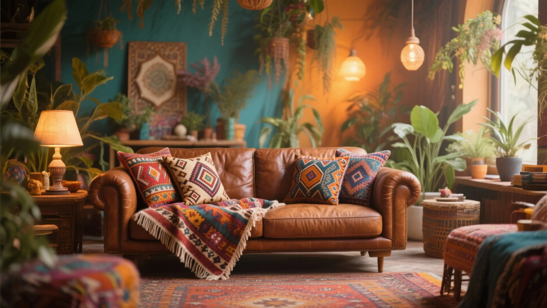 Brown leather couch styled with Moroccan pillows and a kilim throw
