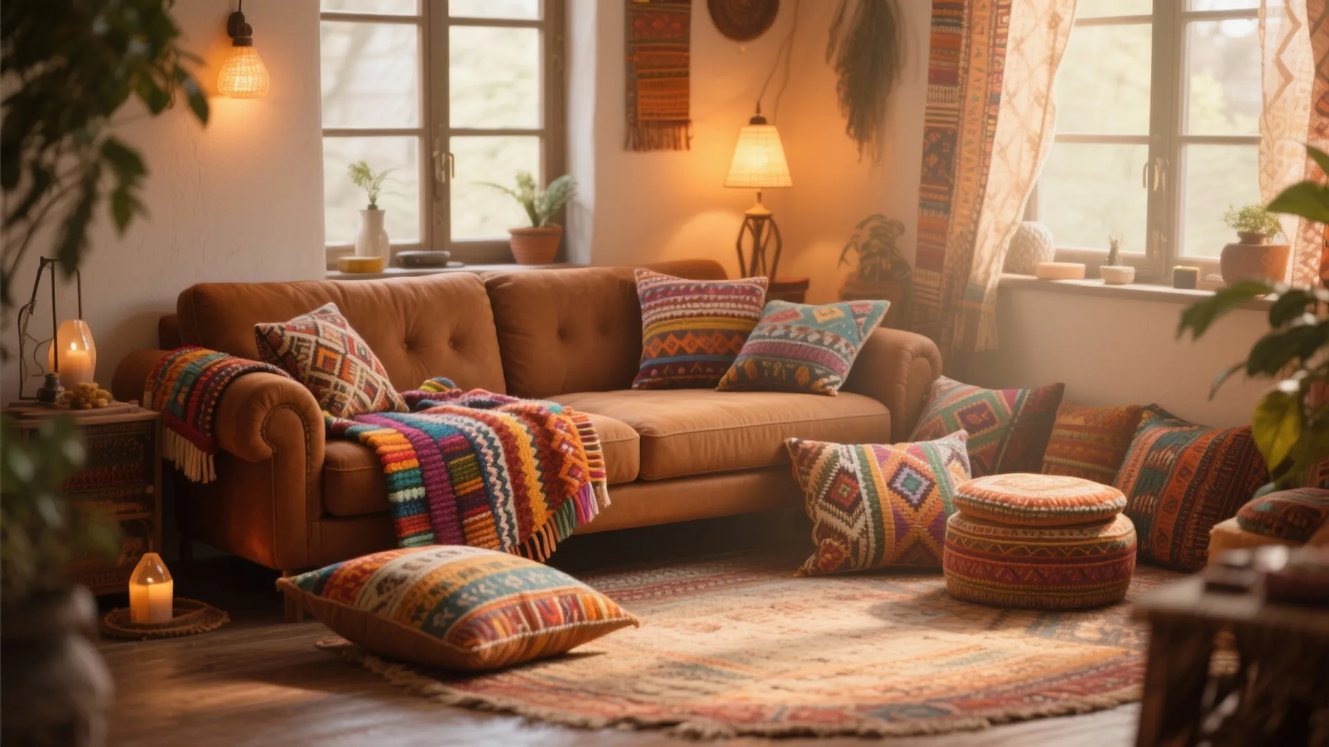 Bohemian living room with brown sofa colorful patterned cushions and warm light from several lamps
