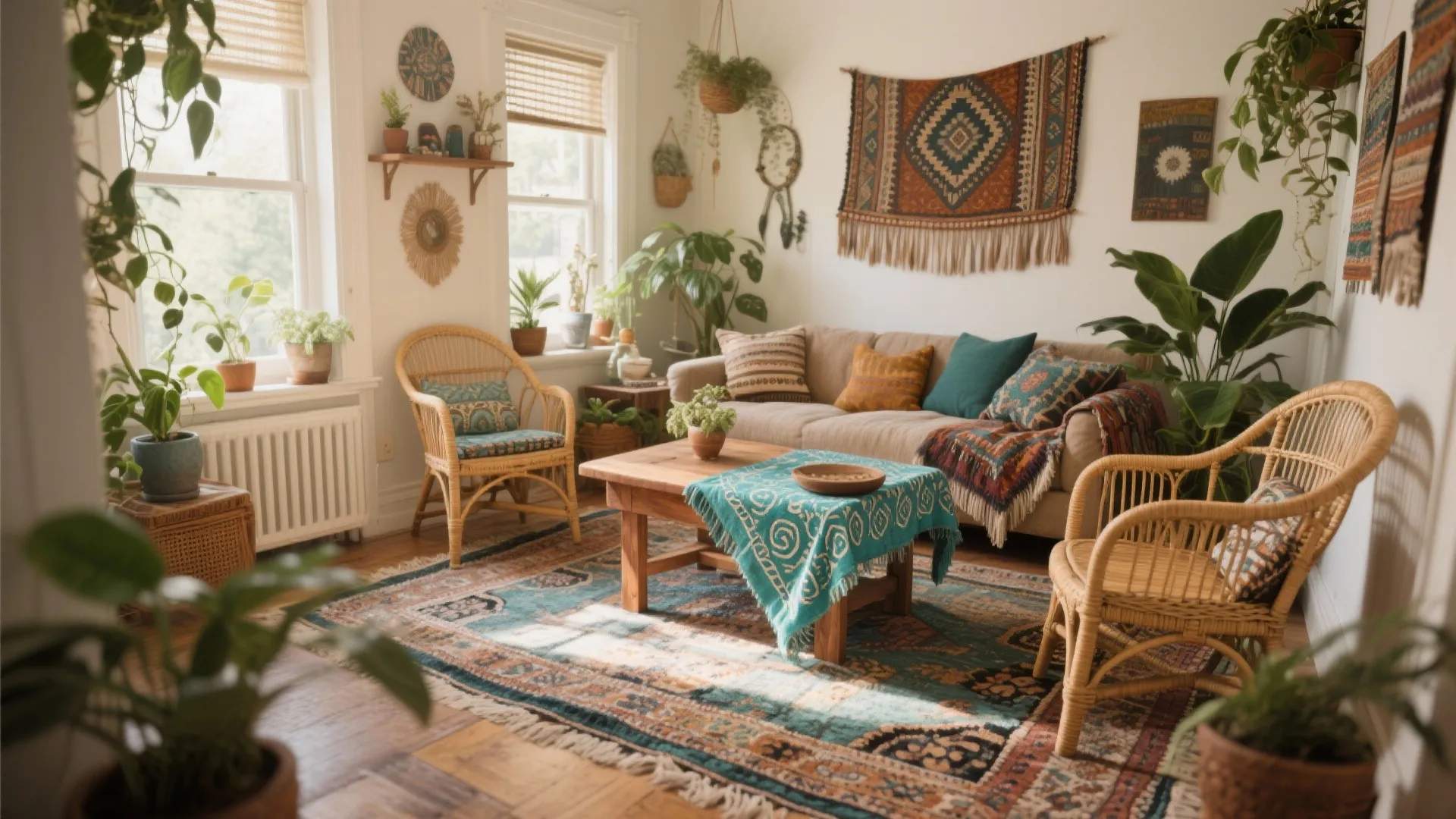Boho living room with rattan chairs wood coffee table blue rug wall hanging and plants