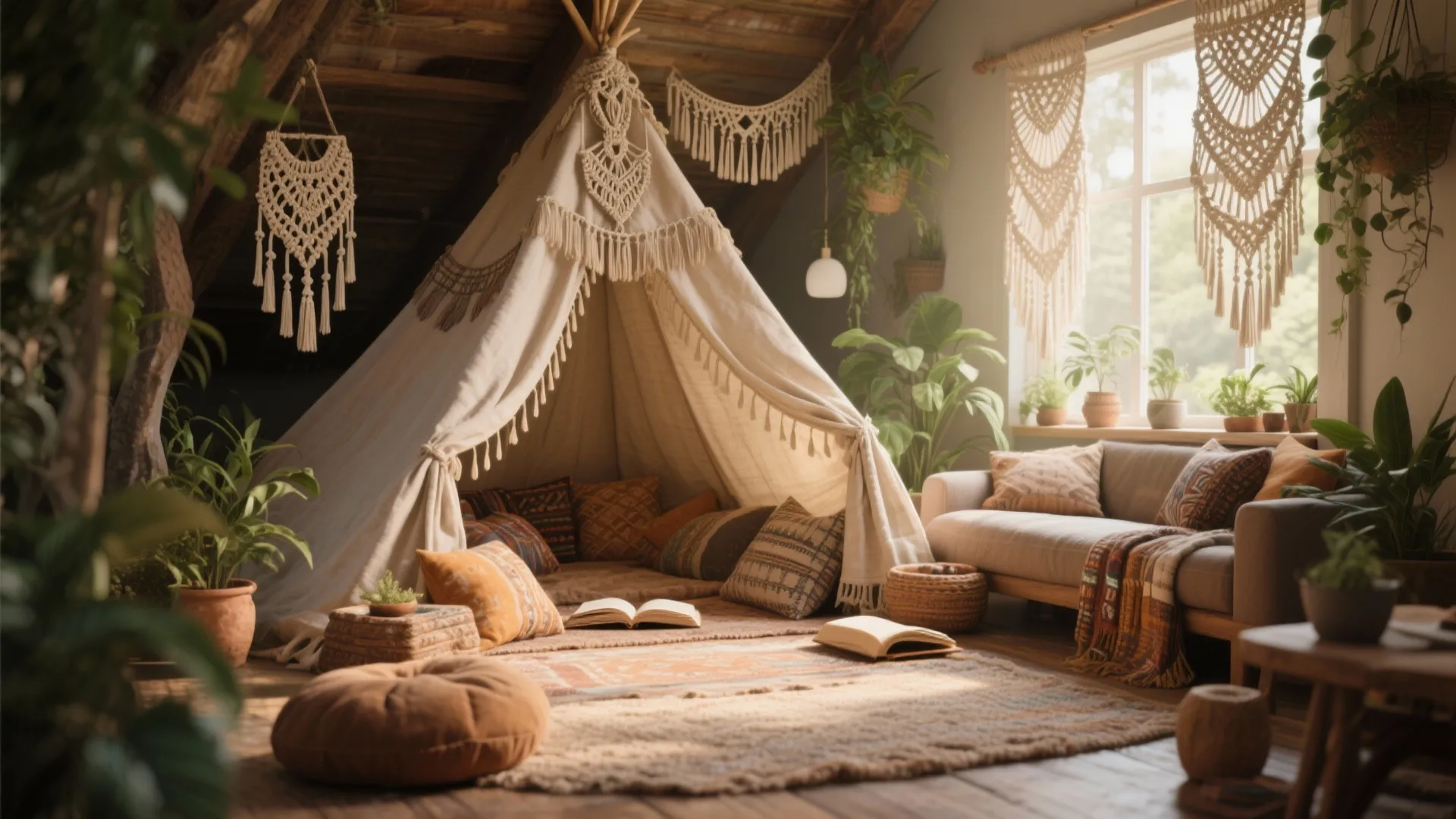 Bohemian attic room featuring indoor tent with wall hangings green plants sofa and open books