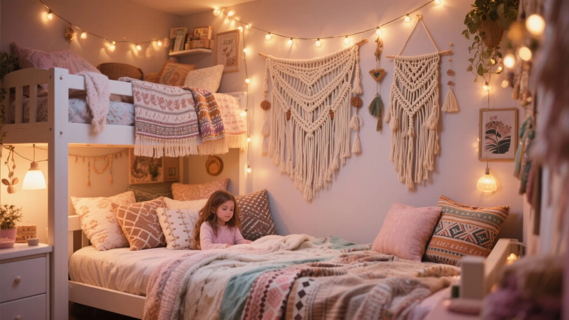 Boho style bedroom with white bunk beds patterned blankets wall hangings string lights and many pillows