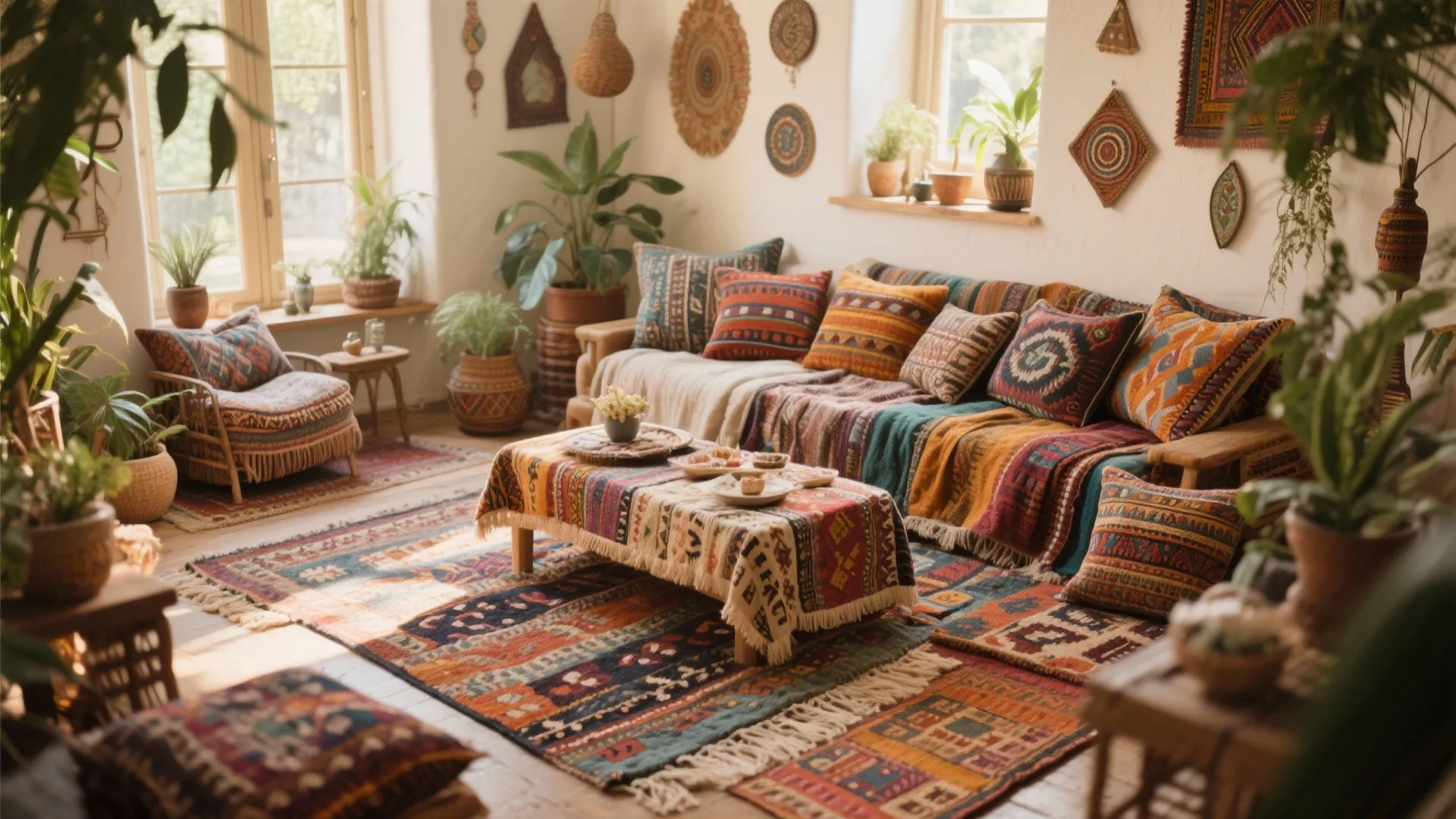 Colorful bohemian living room with patterned rugs many pillows green plants and bright natural sunlight