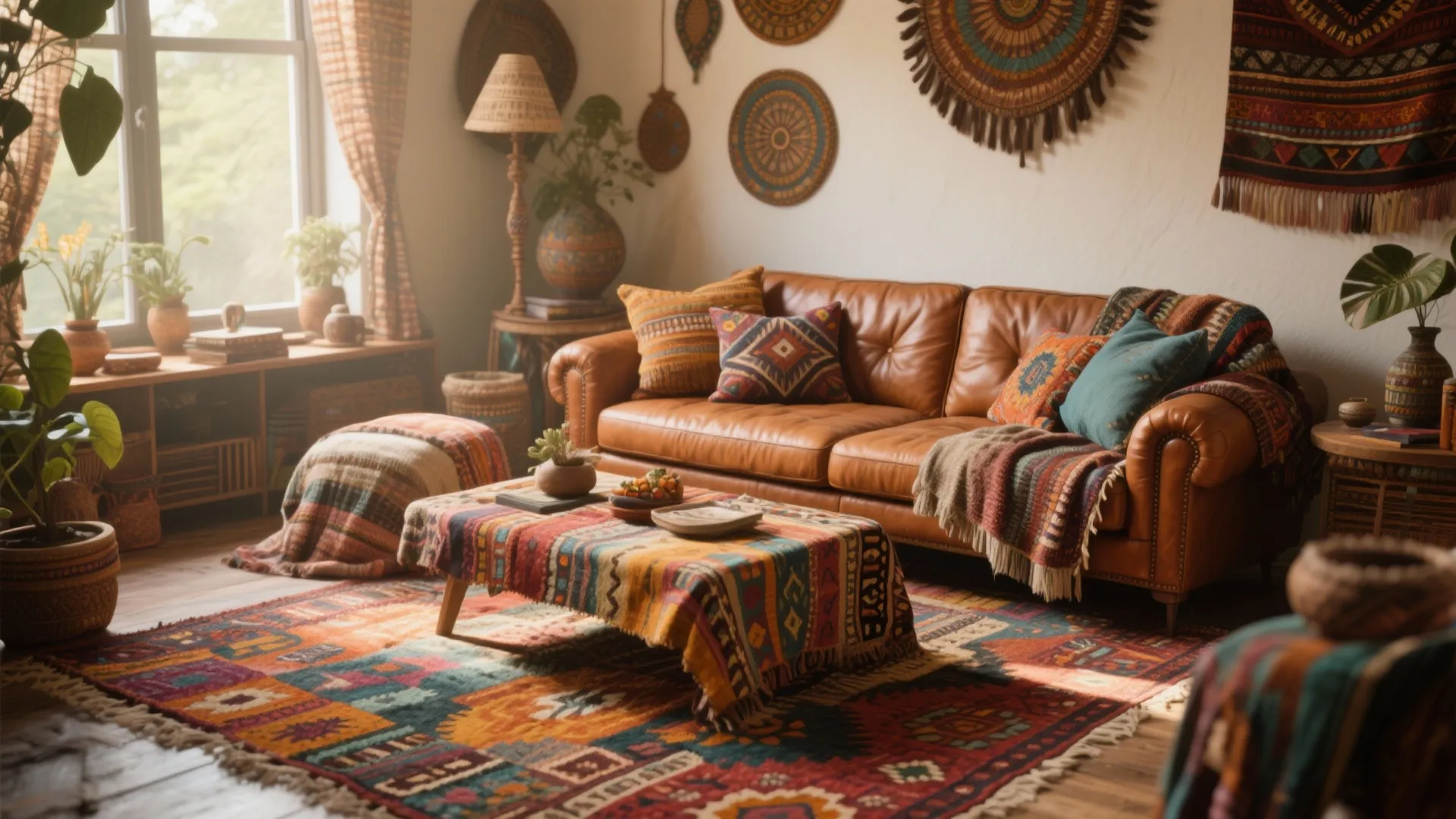 Bohemian living room with brown leather sofa colorful rug wall decor and many green plants