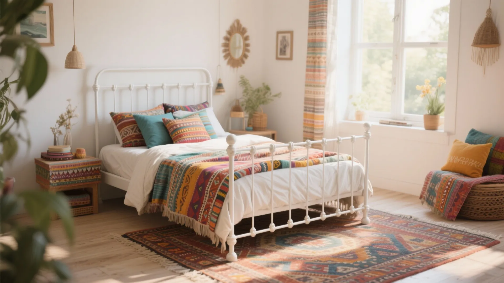Boho bedroom with white metal bed, colorful cushions, and patterned rug