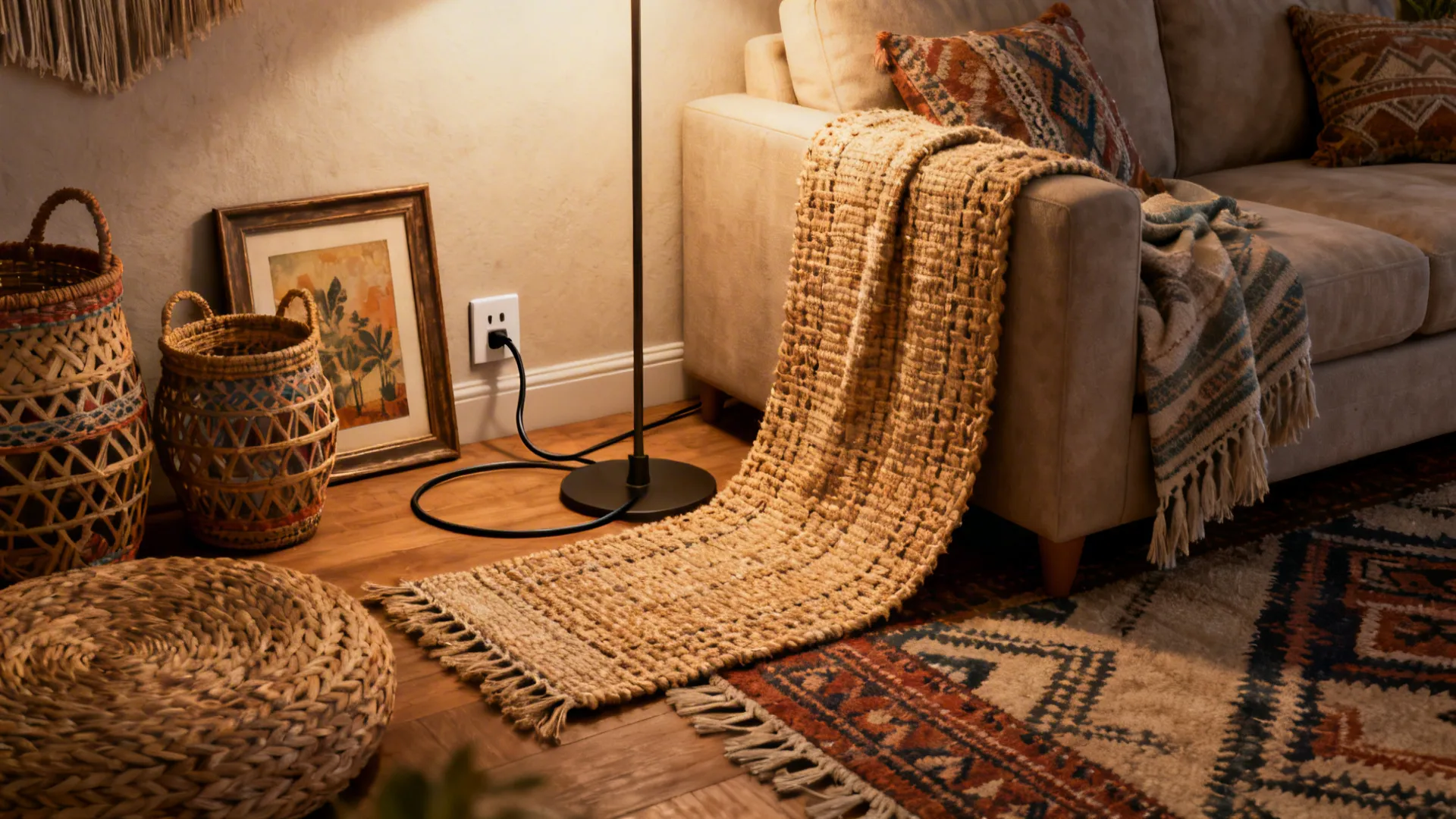 Boho living room using a woven runner and baskets to disguise a lamp cord and outlet area