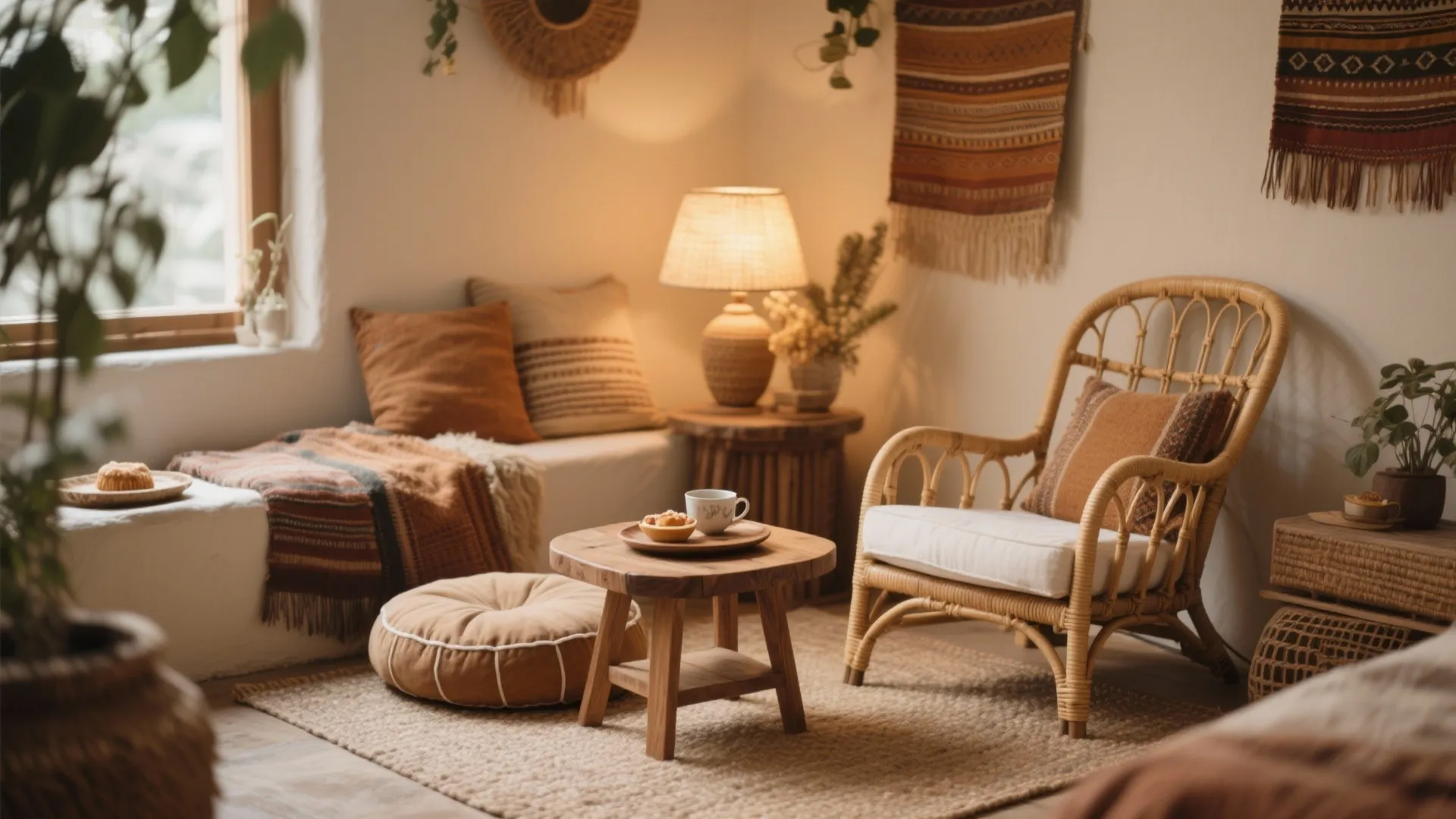 Cozy living room corner with rattan chair wooden coffee table small lamp and soft warm pillows