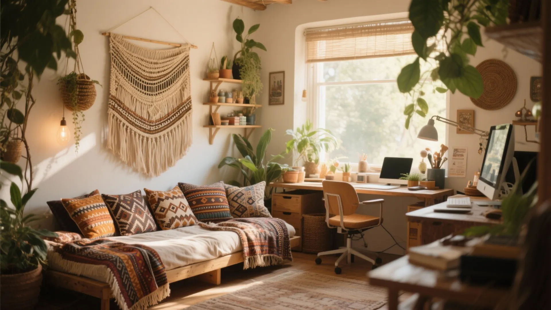 Boho-style office with textured daybed and woven wall art