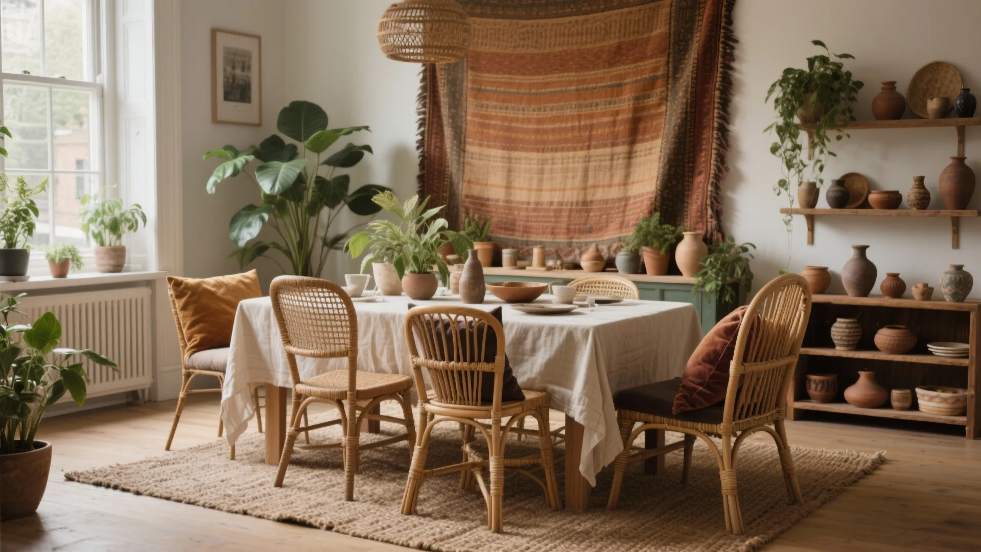 Bohemian dining room with woven chairs white tablecloth wall hanging plants and wooden shelves pottery
