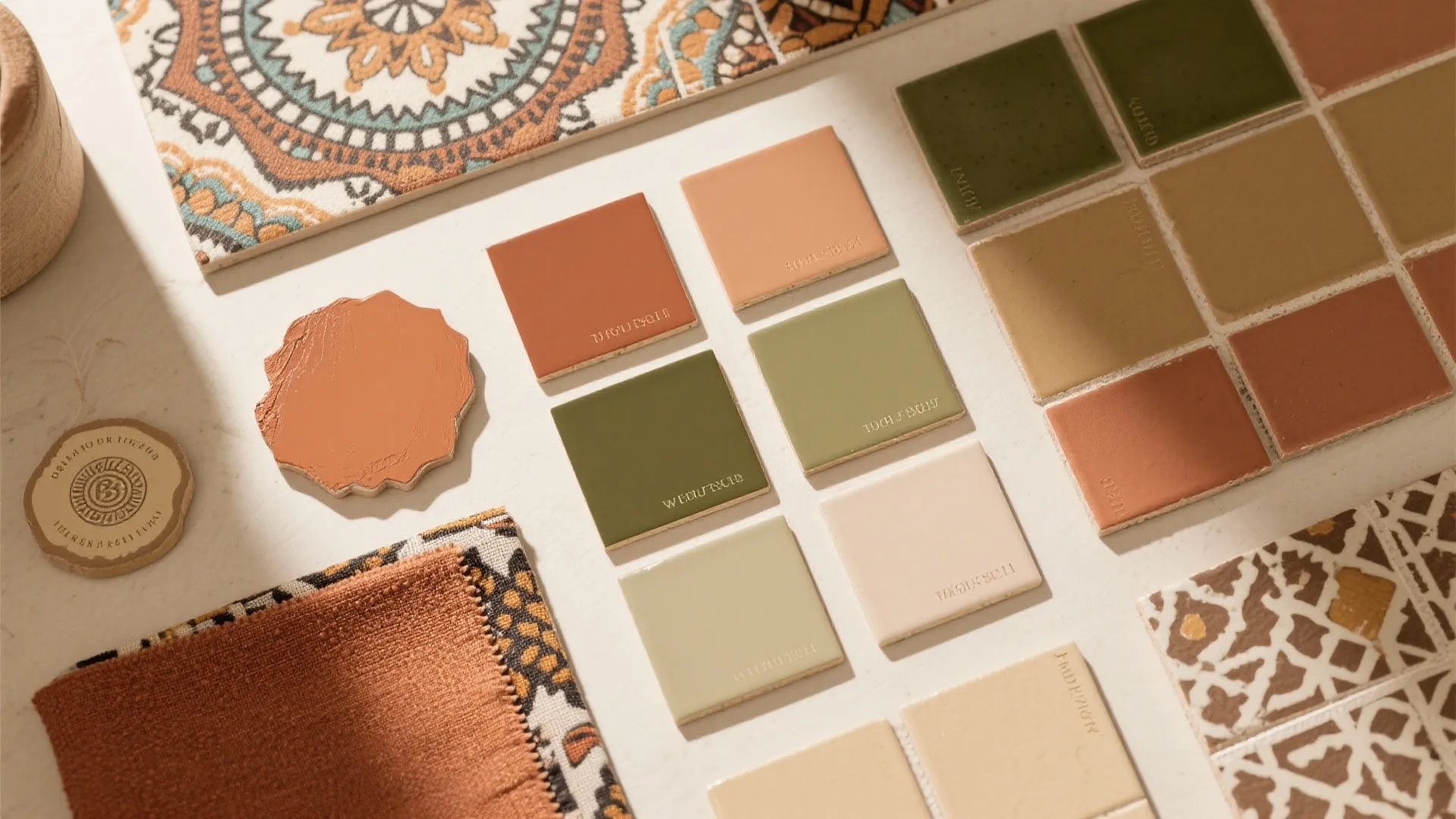 Earthy color palette material board with terracotta tiles green samples fabric pieces and patterned tiles