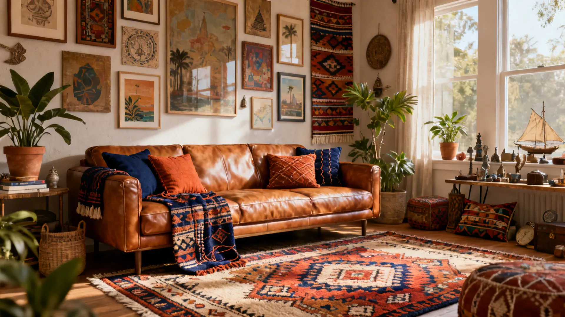 Boho living room with brown leather sofa, wall gallery, patterned rug, green plants, and sunlight
