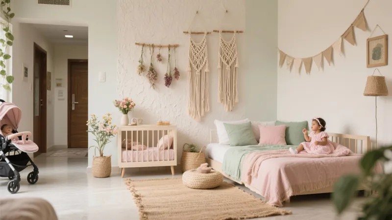 Boho Nursery Bedroom with Pink & Green Accents