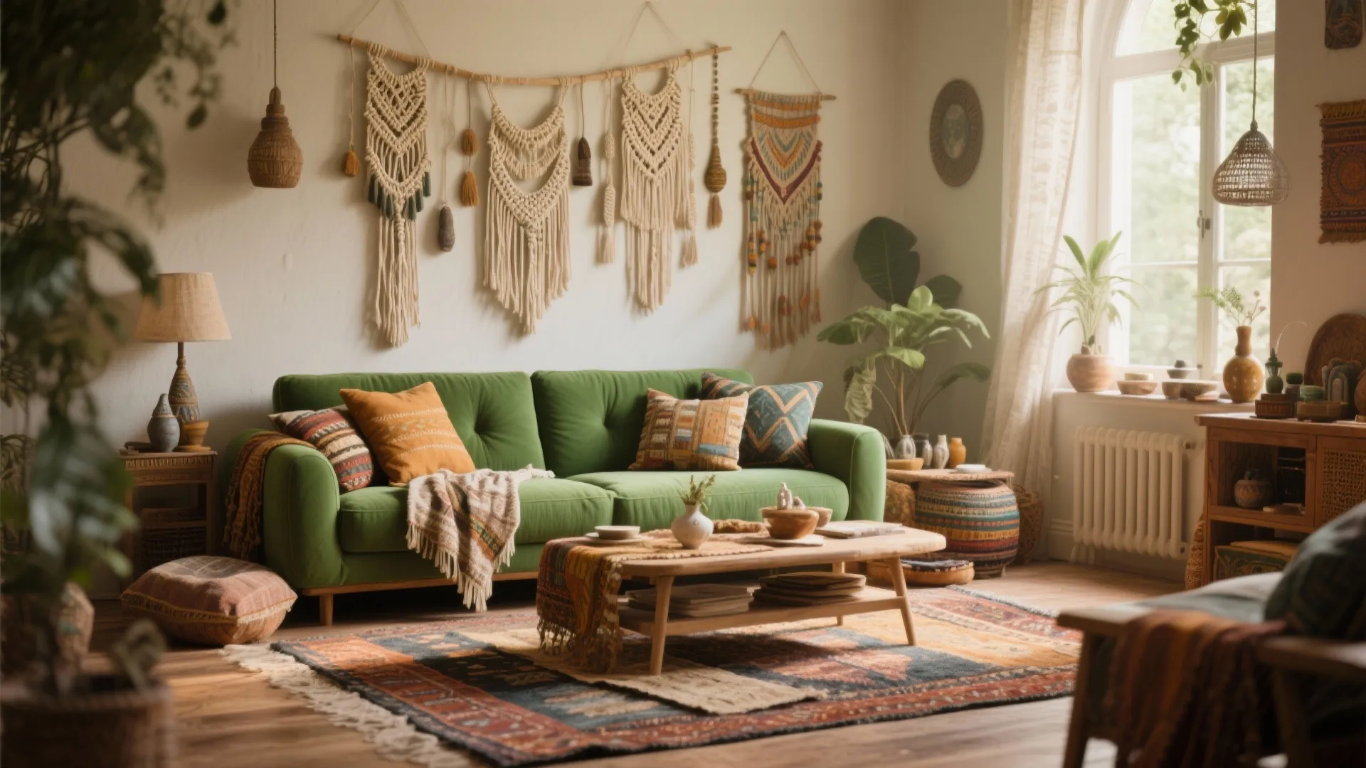 Bohemian living room with green sofa wall decorations wooden coffee table rug and indoor plants