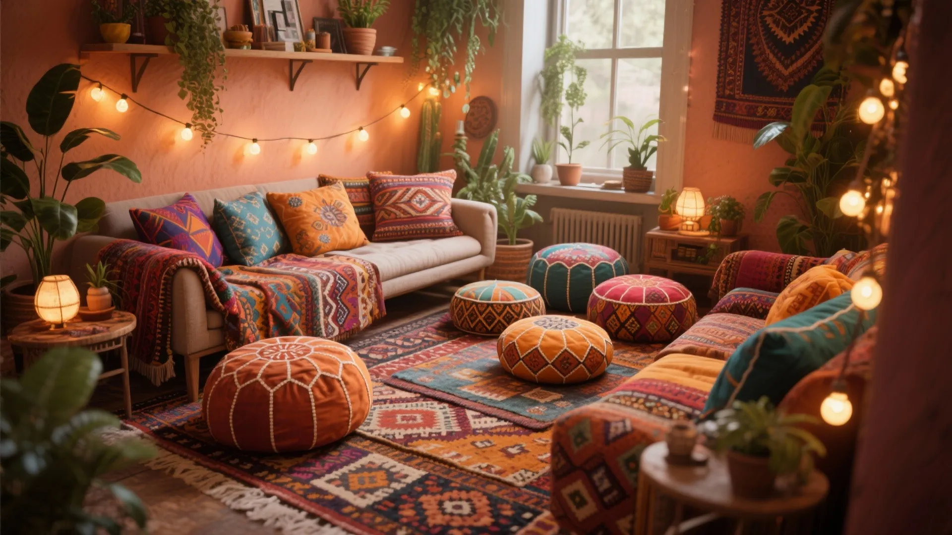 Bohemian living room with colorful floor footrests, patterned rug, string lights, sofa, and indoor plants