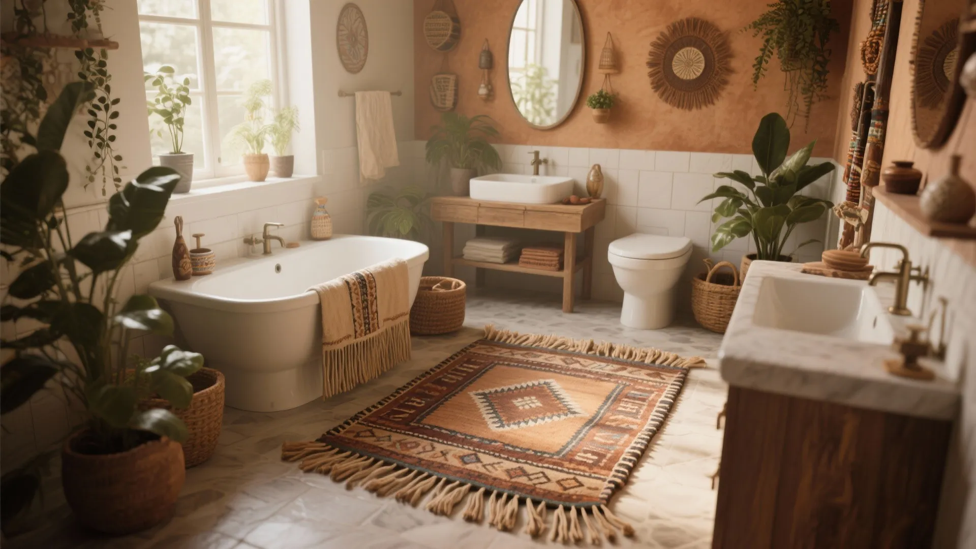 Bohemian style bathroom with earth tones featuring a large patterned rug with fringe on floor
