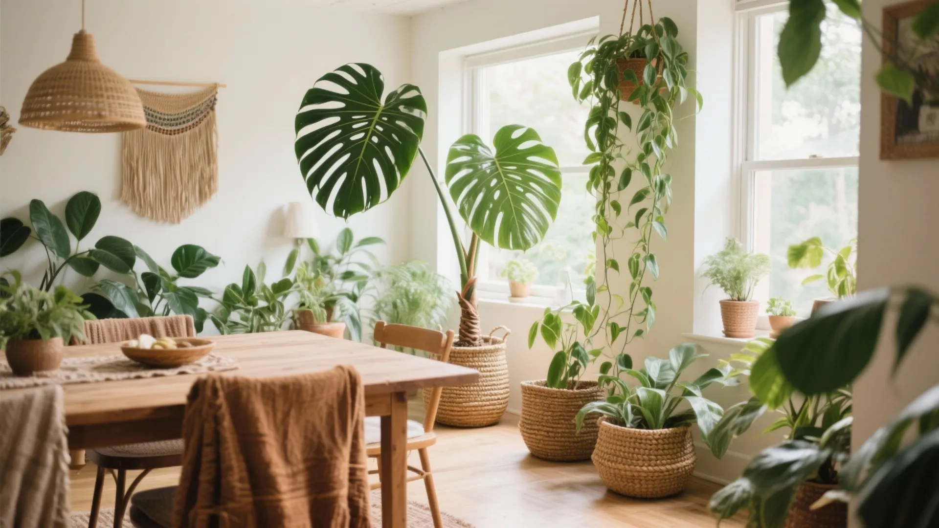 Dining area with wooden table surrounded by many green plants in baskets under natural sunlight