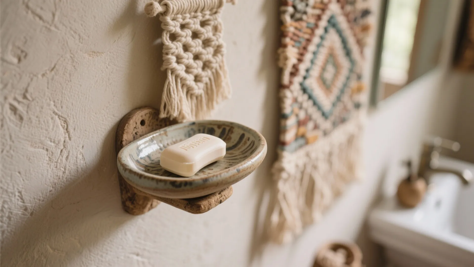 Close up of a soap bar on a wall dish with handmade woven wall decor hanging