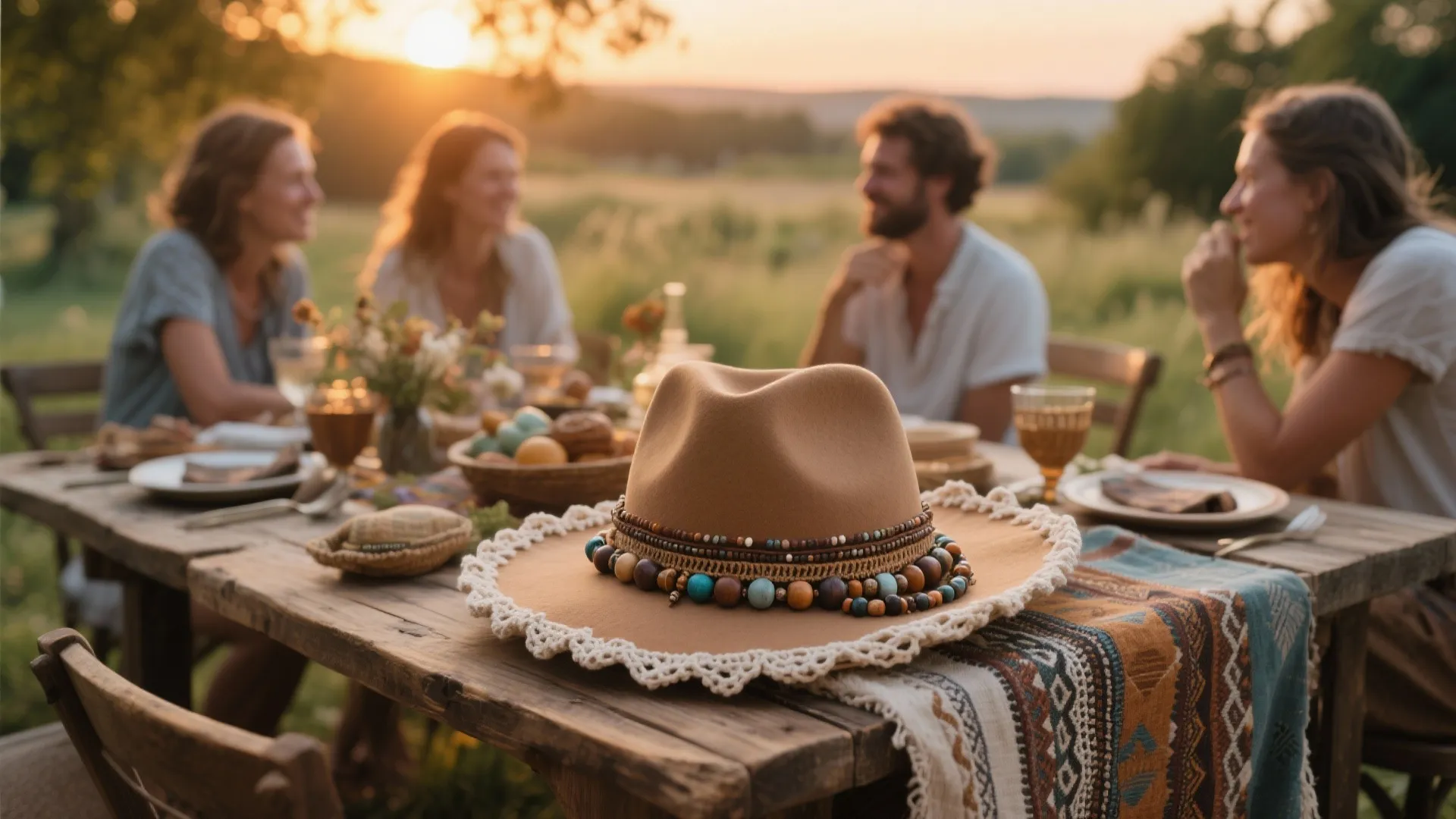 Brown hat with colorful beads on wooden outdoor table with people in blurred sunset background