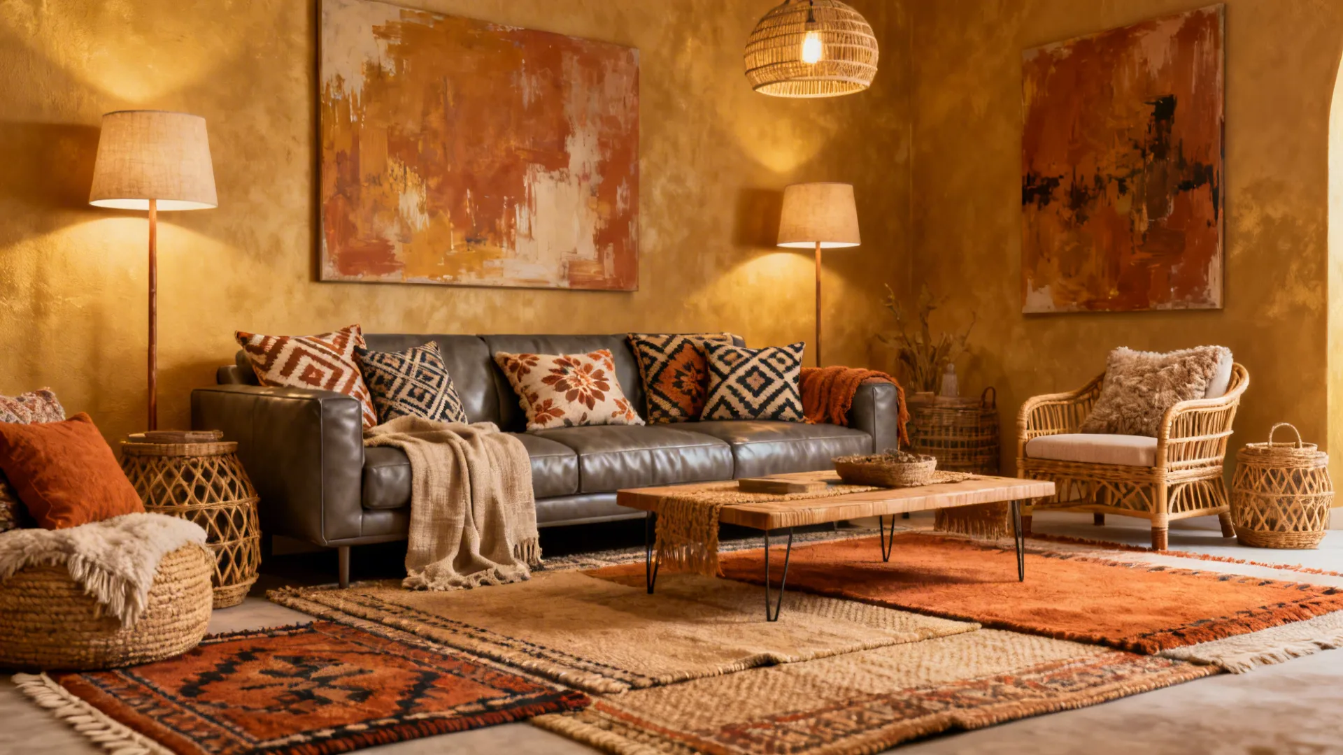 4. Cozy layered boho with textiles and warm tones