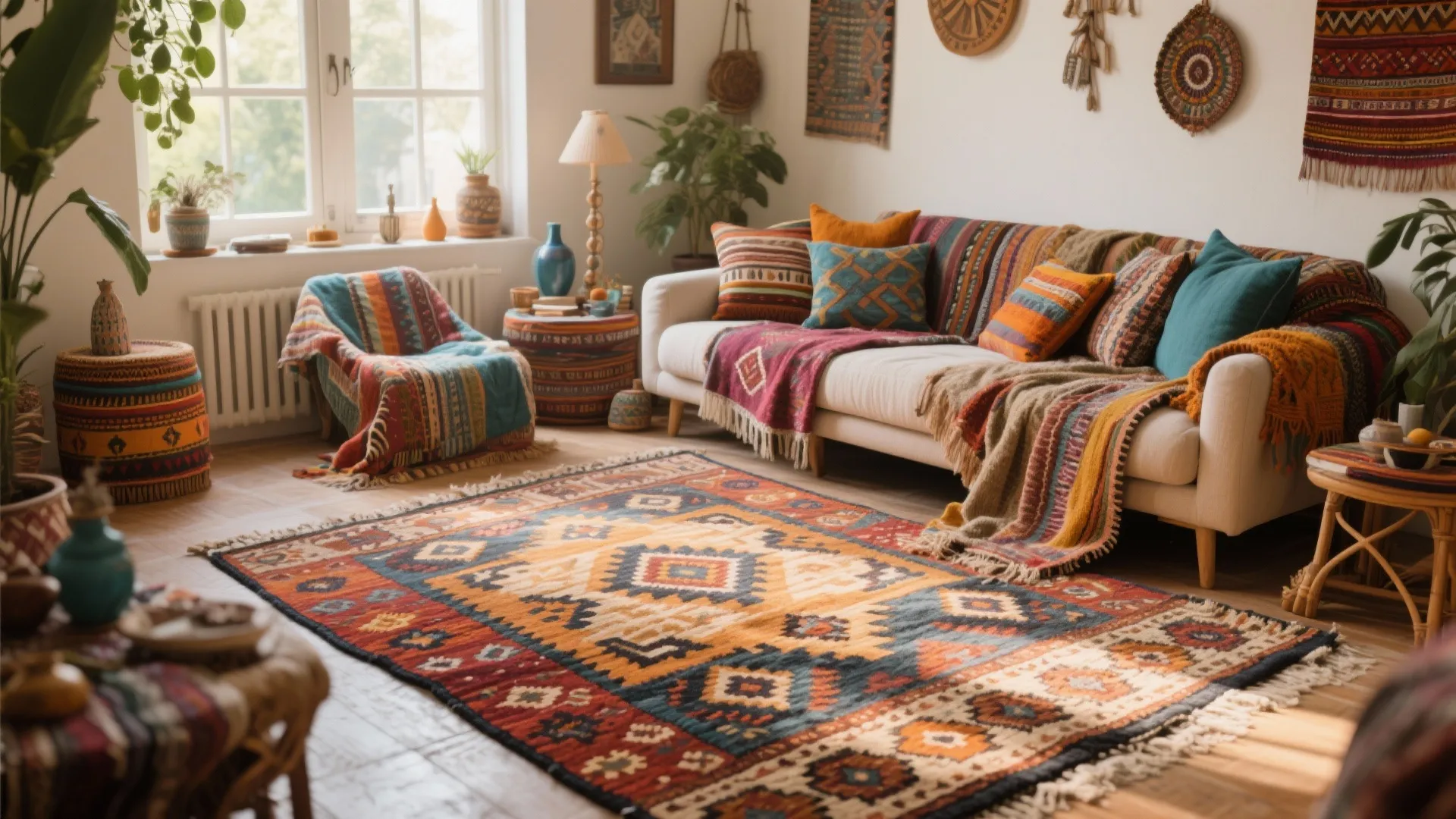 Bohemian living room featuring colorful patterned rug white sofa decorative pillows and indoor green plants