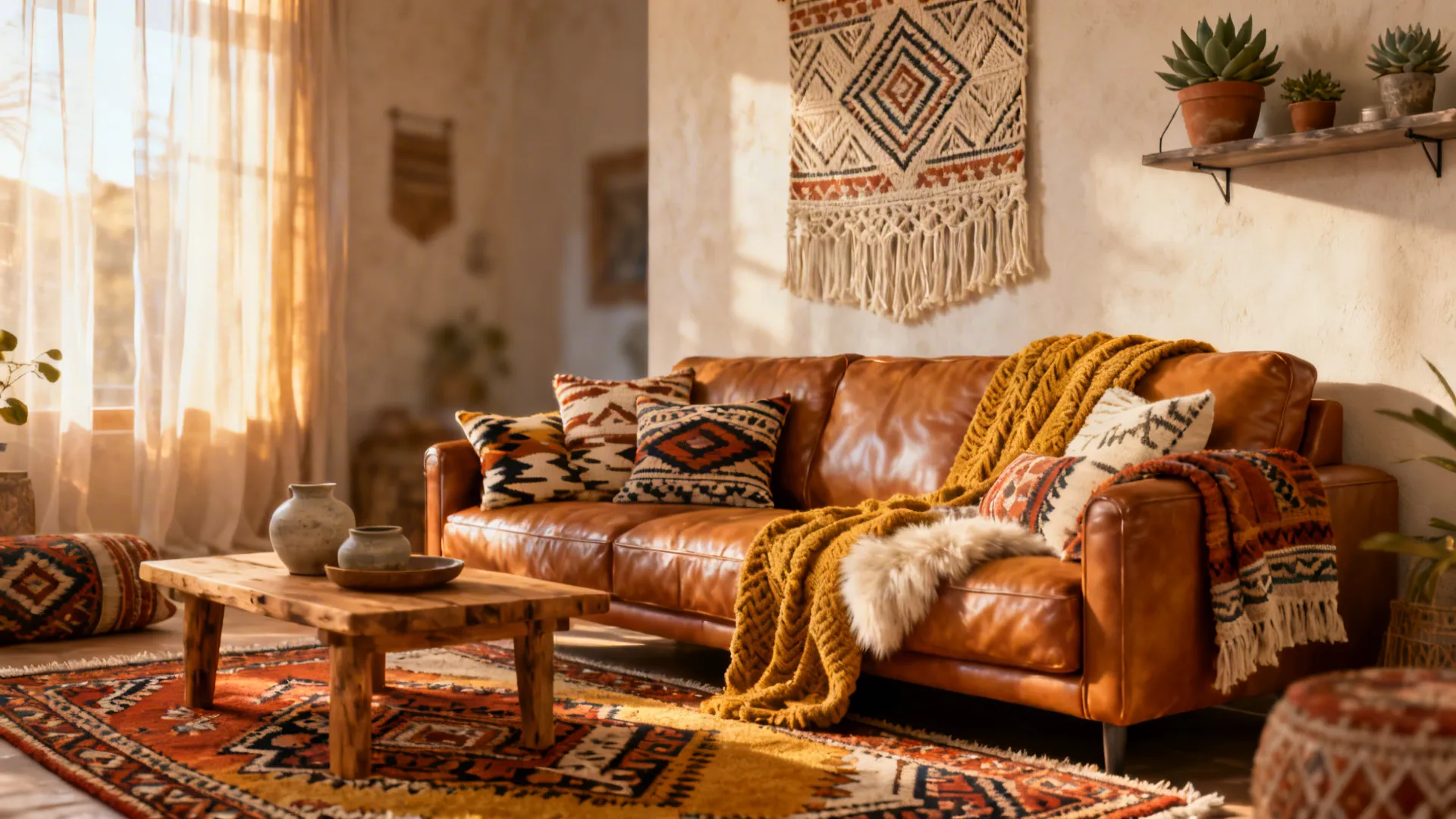 Boho living room with tan leather sofa, patterned rugs, macramé and layered cushions
